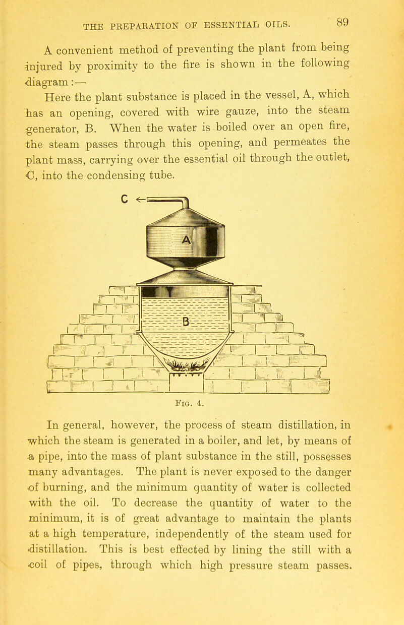A convenient method of preventing the plant from being injured by proximity to the fire is shown in the following ■diagram:— Here the plant substance is placed in the vessel, A, which has an opening, covered with wire gauze, into the steam generator, B. When the water is boiled over an open fire, -the steam passes through this opening, and permeates the plant mass, carrying over the essential oil through the outlet, •C, into the condensing tube. Fig. 4. In general, however, the process of steam distillation, in which the steam is generated in a boiler, and let, by means of •a pipe, into the mass of plant substance in the still, possesses many advantages. The plant is never exposed to the danger of burning, and the minimum quantity of water is collected with the oil. To decrease the quantity of water to the minimum, it is of great advantage to maintain the plants at a high temperature, independently of the steam used for ■distillation. This is best effected by lining the still with a «oil of pipes, through which high pressure steam passes.