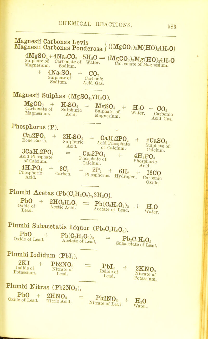 583 Magnesii Carbonas Levis i,,,, ^ Magnesii Carbonas Ponderosa / ((MgC03)aM(HO)o4H30) 4MgSOi + 4Na2COa + 5HoO = (MsOO.) Mfr^■Rn^ axt n Sulphate of Carbonate of Water. OiVbom' f ilagnesmm. Sodium. oonate ot Magnesium. + 4Na2S04 + COo Sulphate of Carbonic Sodium. Acid Gas. Magnesii Sulphas (MgS0j,7H,0). MgCOs + H,SO, = MffSO. + Phosphorus (P). H2O + CO, Water. Carbonic Acid Gas. Ca32POa Boue Earth. 3CaHa2P04 Acid Phosphate of Calcium. 4H,,P04 + Phosphoric Acid. + 2H,S0, = CaH,2P0, Sulphuric Acid Phosphate ^C't'- of Calcium. Ca32POj + Phosphate of Calcium. 80, = 2P.3 + 6H3 + 2CaS0j Sulphate of Calcium. 4H.PO4 Piiosphoric Acid. Carbon. PhofjAorus^ Hv 1 ' ^600 J-nospuouis. Hytlrogeu. Carbonic Plumbi Acetas i-PKGM,0,),,mjO). PbO + Oxide of Lead. 2HC2H3O2 = Acetic Acid. PbCCoHaOo),, + Acetate of Lead. Carbonic Oxide. Water. Plumbi Subacetatis Liquor (Pb.CjHoO,). PbO + Oxide of Lead. Pb{C.,H,s02)2 Acetate of Lead, . Pb3C,H,>0, bnbacctate of Lead. Plumbi lodidum (Pbl.), 2KI + loilide of Potassium. Pb2N0., Nitrate of Lead. = Pblo Plumbi Nitras (Pb2N0;.). ^'^0. ISA PbO , Oxide of Lead. 2HN0, Nitric Acid. ^,Pb2NOs + H,0 Nitrate of Lea:i. ^^^^.^