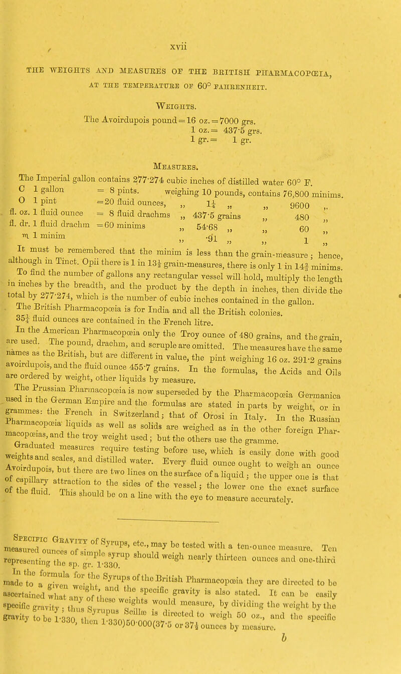 THE WEIGHTS AJfJJ MEASURES OP THE BRITISH PHARMACOPOEIA, at the temperature of 60° fahrenheit. Weights. The Avoirdupois pound = 16 oz. = 7000 grs. 1 oz.= 437-5 grs. lgr.= 1 gr. Measures. The Imperial gallon contains 277274 cubic inches of distilled water 60° F. C 1 gallon = 8 pints. weighing 10 pounds, contains 76,800 minims O lpmt =20 fluid ounces, „ U „ „ 9600 „ fl. oz. 1 fluid ounce = 8 fluid drachms „ 4375 grains „ 480 fl. dr. 1 fluid drachm =60 minims „ 54-68 60 m 1 minim .q i ,  It must be remembered that the minim is less than the grain-measure ; hence although in Tmct. Opii there is 1 in 13* grain-measures, there is only 1 in 14f minims lo find the number of gallons any rectangular vessel will hold, multiply the length m mches by the breadth, and the product by the depth in inches, then divide the tota by 2/7-274, which is the number of cubic inches contained in the gallon The British Pharmacopoeia is for India and all the British colonies. 35j fluid ounces are contained in the French litre. aJn T A^eriCan V^co^ only the Troy ounce of 480 grains, and the grain ZT H P dm°hm' 8CrUple ^ °mitted- The —es *aTe ^e sam^ name as the British, but are different in value, the pint weighing 16 oz. 291-2 grains avo.dupo, andtlie fluid ounce 455-7 grains. In the formulas/the Acids and Oils are ordered by weight, other liquids by measure. useTdhLPtr8?nHlTaCOP0eiaiSnOW8UperSededb7 the Plla™acopceia Germanica used m the German Empn-e and the formulas are stated in parts by weight or in ™ vrenCh  Switzeria^ «»t of Orosi in illy. I th°e Ls ian Pharmacopceia liquids as well as solids are weighed as in the other foreign PZ macopoeias, and the troy weight used; but the others use the gramme weilT I! 1 Ta8UlT 1-'eqUire teSting bGf0re U86> Which is eas% with good Avoirdupois, but there are two lines on the surface of a liquid s the upper one is that fluid. This should be on a line with the eye to measure accurately. JZZZlT7r °?™ etC b6 t0Sted With a te-°»»cc Ten —^T^y Sh°Uld ^ ™ and one-third madVto Hre1; J^S S^P-^ho British Pharmacopoeia they are directed to be ascertained wLTan o 6»»% is also stated. It can be easily specific g^ SCW:ig ;tS W°Uld ~e' ^ dividing the weight by the 8»Tity fob 0 1-330 ifrTwf dil'eCtedt0 W6igh 50 °Z-> and th° ^cific y 1 330, then 1-330)50 000(37-5 or 37* ounces by measure.