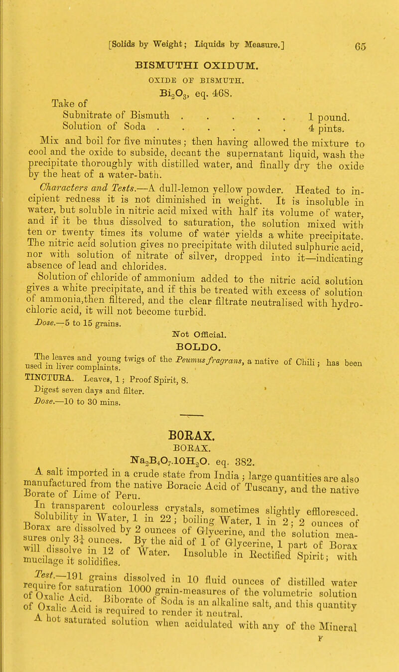 BISMUTHI OXIDUM. OXIDE OP BISMUTH. Bi203, eq. 468. Take of Subnitrate of Bismuth 1 pound. Solution of Soda 4 pints. Mix and boil for five minutes ; then having allowed the mixture to cool and the oxide to subside, decant the supernatant liquid, wash the precipitate thoroughly with distilled water, and finally dry the oxide by the heat of a water-batii. _ Characters and Tests.—A dull-lemon yellow powder. Heated to in- cipient redness it is not diminished in weight. It is insoluble in water, but soluble in nitric acid mixed with half its volume of water, and if it be thus dissolved to saturation, the solution mixed with ten or twenty times its volume of water yields a white precipitate. The nitric acid solution gives no precipitate with diluted sulphuric acid, nor with solution of nitrate of silver, dropped into it—indicating absence of lead and chlorides. Solution of chloride of ammonium added to the nitric acid solution gives a white precipitate, and if this be treated with excess of solution of ammonia,then filtered, and the clear filtrate neutralised with hvdro- cliloric acid, it will not become turbid. Dose.—5 to 15 grains. Mot Official. BOLDO. TINCTUKA. Leaves, 1; Proof Spirit, 8. Digest seven days and filter. Dose.—10 to 30 mins. BORAX. BOEAX. Na2B4O7.10H2O. eq. 382. mdSp* imp,0rfted C™de tate fr0m India' larSe quantities are also T^TlUlZ PeeruatlTe B°raC1C A0id °f TUSCa^ d the In transparent colourless crystals, sometimes slightly effloresced Solubility in Water, 1 m 22; boiling Water, 1 in 2; 2 ounces of furcTorTv%1SSOlVed ^ I ounces of Glycerine, and the 'solution mea 3 di ofve inTf-nf aidr°f \ £ GljCerine' 1 Parfc of Borax reaulveTJr^J^ ^!±ed ia 10 fluid ounces of disti11^ water ofoSic  <T ^J^-^eaBures of the volumetric solution Ai I V 18 reqmred t0 render it neutral. y h0t satur^ed solution when acidulated with any of the Mineral