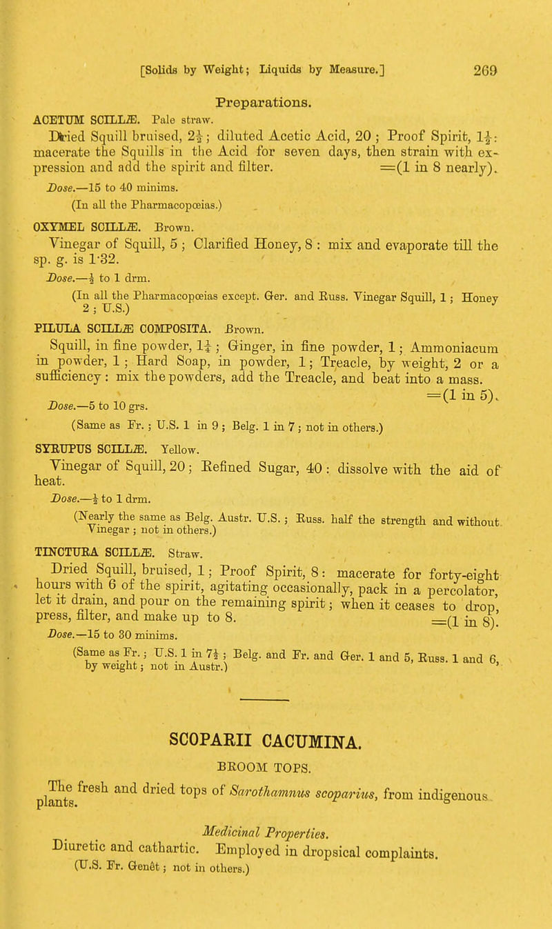 Preparations. ACETUM SdLLS!. Pale straw. Dt'ied Squill bruised, 2^; diluted Acetic Acid, 20 ; Proof Spirit, 1^-: macerate the Squills iu the Acid for seven days, then strain with ex- pression and add the spirit and filter. =(1 in 8 nearly). Dose.—15 to 40 minims. (In all the Pharmacopoeias.) OXYMEL SCILLiE. Brown. Vinegar of Squill, 5 ; Clarified Honey, 8 : mix and evaporate till the sp. g. is 132. Dose.—^ to 1 drm. (In all the Pharmacopoeias except. Ger. and Euss. Vinegar Squill, 1; Honey PILULA SCILLiE C0MP0SITA. Brown. Squill, in fine powder, 1^ • Ginger, in fine powder, 1; Ammoniacum in powder, 1; Hard Soap, in powder, 1; Treacle, by weight, 2 or a sufliciency: mix the powders, add the Treacle, and beat into a mass. =(1 in 5). Dose.—5 to 10 grs. (Same as Fr. ; U.S. 1 in 9 ; Belg. 1 in 7 ; not in others.) SYEUPUS SCILLffi. Yellow. Vinegar of Squill, 20; Kefined Sugar, 40 : dissolve with the aid of heat. Dose.—§ to 1 drm. (Nearly the same as Belg. Austr. U.S.; Euss. half the strength and without V inegar ; not in others.) TINCTUEA SCILLE. Straw. Dried Squill, bruised, 1; Proof Spirit, 8: macerate for forty-eight hours with 6 of the spirit, agitating occasionally, pack in a percolator, let it dram, and pour on the remaining spirit; when it ceases to drop press, filter, and make up to 8. =(j ^ 3)' Dose.—15 to 30 minims. (Same as Fr. s U.S. 1 in 7* j Belg. and Fr. and Ger. 1 and 5, Euss. 1 and 6, by weight; not m Austr.) ' SC0PARII CACUMINA. BEOOM TOPS. The fresh and dried tops of Sarothamnus scoparius, from indigenous plants Medicinal Properties. Diuretic and cathartic. Employed in dropsical complaints. (U.S. Fr. Genet; not in others.)