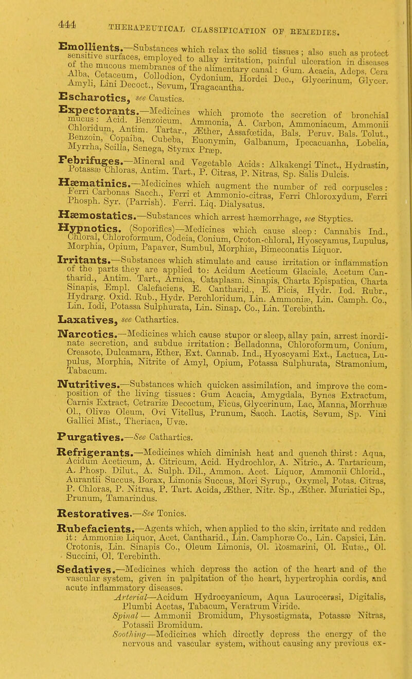 Emollients.—Substances which relax the solid tissues • also such as nrr>fa*»f AlbTce3U S T of ^e a^entary canal: Gum. Acacia, Adeps, Cera l^li^So^ttS, De°- ^—/Give,, Escharotics, Caustics. EmKt0A^tSR~Me-dicineSiwllich Promote the secretion of bronchial ChCrl,,™ a ,?enz°,cu,m- Ammonia, A. Carbon, Ammoniacum, Ammonii Benznt P. n^' ^ther' A^foetida, Bals. Peruv. Bals. Tolut., MvX'sSir?' °UbSa' Er^in, Galbanum, Ipecacuanha, Lobelia JHynna, bcilla, Senega, Styrax Prasp. Ff5t»S^,?~Mfe+r-al arnd Vegetable Acids: Alkakengi Tinct., Hydrastin, Potass* Chloras, Antim. Tart., P. Citras, P. Nitras, Sp. Salis Dulcis. H*™atinics.—Medicines which augment the number of red corpuscles: Pern Carbonas Sacch Ferri et Ammonio-citras, Ferri Chloroxydum, Ferri Ihosph. Syr. (Pamsh). Ferri. Liq. Dialysatus. Haemostatics.—Substances which arrest haemorrhage, see Styptics. ^^SnP^Otics. (Soporifics)—Medicines which cause sleep: Cannabis Ind., Chloral, Chloroformum, Codeia, Conium, Croton-chloral, Hyoscyamus, Lupulus, Morphia, Opium, Papaver, Sumbul, Morphias, Bimeconatis Liquor. Irritants.—Substances which stimulate and cause irritation or inflammation of the parts they are applied to: Acidum Aceticum Glaciale, Acetum Can- tharid., Antim. Tart., Arnica, Cataplasm. Sinapis, Charta Epispatica, Charta bmapis, Empl. Calefaciens, E. Cantharid., E. Picis, Hydr. Iod. Eubr Hydrarg. Oxid. Bub., Hydr. Perchloridum, Lin. Ammonias, Lin. Camph. Co.,' Lm. Iodi, Potassa Sulphurata, Lin. Sinap. Co., Lin. Terebinth. Laxatives, see Cathartics. Narcotics.—Medicines which cause stupor or sleep, allay pain, arrest inordi- nate secretion, and subdue irritation: Belladonna, Chloroformum, Conium, Creasote, Dulcamara, Ether, Ext. Cannab. Ind., Hyoscyami Ext., Lactuca, Lu- pulus, Morphia, Nitrite of Amyl, Opium, Potassa Sulphurata, Stramonium, Tabacum. Nutritives.—Substances which quicken assimilation, and improve the com- position of the living tissues: Gum Acacia, Amygdala, Bynes Extractum, Carnis Extract. Cetrarise Decoctum, Ficus, Glycerinum, Lac, Manna, Morrhuas 01., Olivas Oleum, Ovi Vitellus, Prunum, Sacch. Lactis, Sevum, Sp. Vini Gallici Mist., Theriaca, TJvas. Purgatives.—-See Cathartics. Refrigerants.—Medicines which diminish heat and quench thirst: Aqua, Acidum Aceticum, A. Citricum, Acid. Hydrochlor, A. Nitric, A. Tartaricum, A. Phosp. Dilut., A. Sulph. Dil., Ammon. Acet. Liquor, Ammonii Chlorid., Aurantii Succus, Borax, Limonis Succus, Mori Syrup., Oxymel, Potas. Citras. P. Chloras, P. Nitras, P. Tart. Acida, either. Nitr. Sp., either. Mmiatici Sp., Prunum, Tamarindus. Restoratives.—^ Tonics. Rubefacients.—Agents which, when applied to the slrin, irritate and redden it: Ammonias Liquor, Acet. Cantharid., Lin. Camphorse Co., Lin. Capsici, Lin. Crotonis, Lin. Sinapis Co., Oleum Limonis, 01. Hosmarini, 01. Kutas., 01. ■ Succini, 01. Terebinth. Sedatives.—Medicines which dopross the action of the heart and of the vascular system, given in palpitation of the heart, hypcrtrophia cordis, and acute inflammatory diseases. Arterial—Acidum Hydrocyanicum, Aqua Laurocorasi, Digitalis, Plumbi Acetas, Tabacum, Veratrum Viride. Spinal — Ammonii Bromidum, Fhysostigmata, Potassaa Nitras, Potassii Bromidum. Soothing—Medicines which directly depress the energy of the nervous and vascular system, without causing any previous ex-