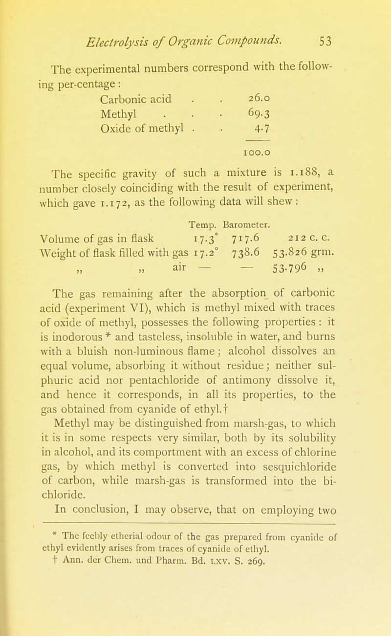 The experimental numbers correspond with the follow- ing per-centage: Carbonic acid . . 26.0 Methyl . . • 69.3 Oxide of methyl . . 4-7 100.0 The specific gravity of such a mixture is 1.188, a number closely coinciding with the result of experiment, which gave 1.172, as the following data will shew : Temp. Barometer. Volume of gas in flask 17.3° 717.6 212 c. c. Weight of flask filled with gas 17.20 738.6 53.826 grm. air — — 53.796 „ The gas remaining after the absorption of carbonic acid (experiment VI), which is methyl mixed with traces of oxide of methyl, possesses the following properties : it is inodorous * and tasteless, insoluble in water, and burns with a bluish non-luminous flame; alcohol dissolves an equal volume, absorbing it without residue; neither sul- phuric acid nor pentachloride of antimony dissolve it, and hence it corresponds, in all its properties, to the gas obtained from cyanide of ethyl.f Methyl may be distinguished from marsh-gas, to which it is in some respects very similar, both by its solubility in alcohol, and its comportment with an excess of chlorine gas, by which methyl is converted into sesquichloride of carbon, while marsh-gas is transformed into the bi- chloride. In conclusion, I may observe, that on employing two * The feebly etherial odour of the gas prepared from cyanide of ethyl evidently arises from traces of cyanide of ethyl, t Ann. der Chem. unci Pharm. Bd. lxv. S. 269.