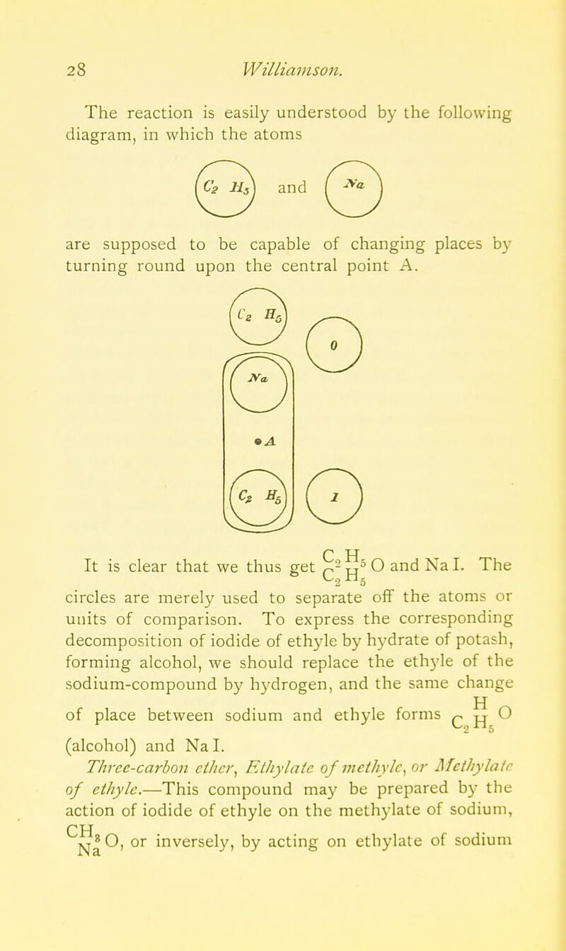 The reaction is easily understood by the following diagram, in which the atoms are supposed to be capable of changing places b)'^ turning round upon the central point A. It is clear that we thus get p2 5 Q and Na I. The circles are merely used to separate off the atoms or units of comparison. To express the corresponding decomposition of iodide of ethyle by hydrate of potash, forming alcohol, we should replace the ethyle of the sodium-compound by hydrogen, and the same change of place between sodium and ethyle forms p tj O (alcohol) and Nal. Three-carbon eiher, Eihylaie of methylc^ or Methylaic of ethyle.—This compound may be prepared by the action of iodide of ethyle on the methylate of sodium, CH pj^O, or inversely, by acting on ethylate of sodium