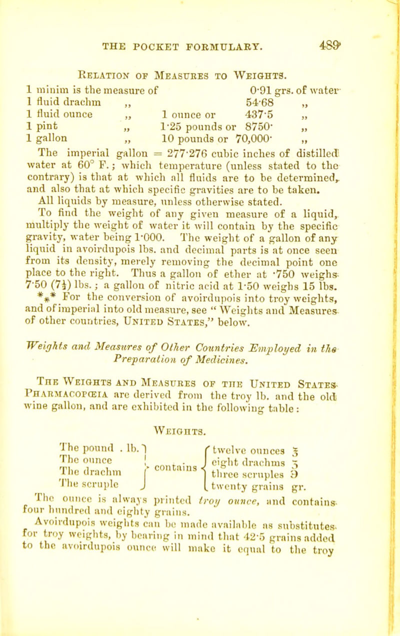Relation of Measuebs to Weights. 1 minim is the measure of 0'91 grs. of water 1 fluid drachm 54-68 „ 1 fluid ounce „ 1 ounce or 437-5 „ 1 pint „ 1-25 pounds or 8750- „ 1 gallon „ 10 pounds or 70,000- „ The imperial gallon = 277-276 cuhic inches of distilled' water at 60° F.; which temperature (unless stated to the contrary) is that at which all fluids are to he determined, and also that at which specific gravities are to be taken. All liquids by measure, unless otherwise stated. To find the weight of any given measure of a liquid, multiply the weight of water it will contain by the specific gravity, water being 1-000. The weight of a gallon of any liquid in avoirdupois lbs. and decimal parts is at once seen from its density, merely removing the decimal point one place to the right. Thus a gallon of ether at -750 weighs- 7-50 (7i) lbs.; a gallon of nitric acid at 1-50 weighs 15 lbs. *#* For the conversion of avoirdupois into troy weights, and of imperial into old measure, see  Weights and Measures of other countries. United States, below. Weights and Measures of Other Countries 'Employed in the Preparation of Medicines. The Weights and Measures of the United States- Pharmacopceia are derived from the troy lb. and the old wine gallon, and are exhibited in the following table: Weights. The pound . lb. 1 r twelve ounces * The ounce | . J eight drachms ^ The drachm [' < three scruples ^) The scruple J [ twenty grains gr. The ounce is always printed /roi/ ounce, and contains- four hundred and eighty grains. Avoirdupois weights can he maile availahle as substitutes- for troy weights, by bearing in mind that 42-5 grains added to the avoirdupois ounce will make it eqiial to the troy
