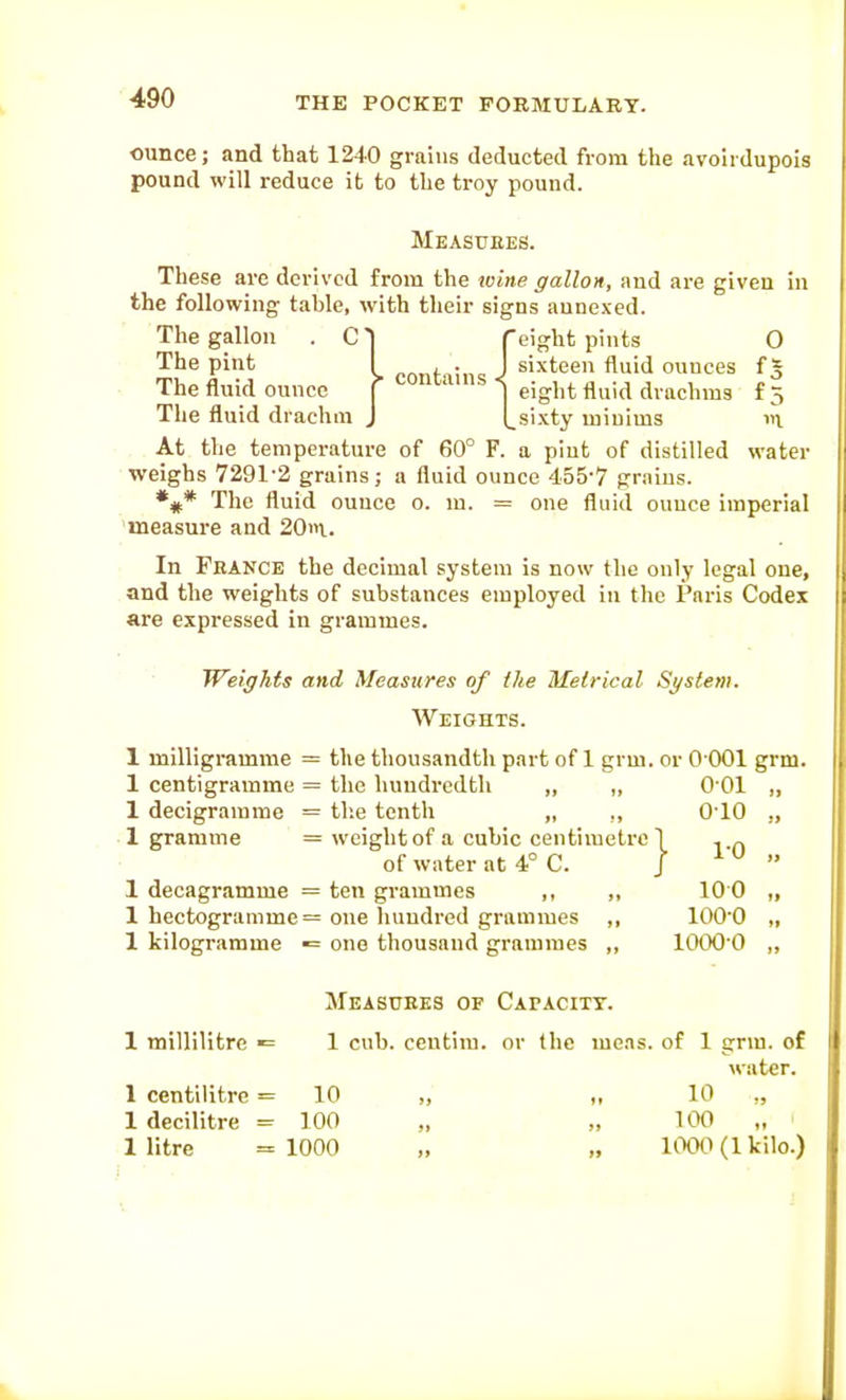 {eight pints 0 sixteen fluid ounces f 5 eight fluid drachms f 5 sixty minims 4'90 THE POCKET FORMULARY. ounce; and that 1240 grains deducted from the avoirdupois pound will reduce it to the troy pound. Measuees. These are derived from the wine gallon, and are given in the following table, with their signs annexed. The gallon . C' The pint The fluid ounce The fluid drachm At the temperature of 60° F. a pint of distilled water weighs 7291-2 grains; a fluid ounce 455*7 grains. The fluid ounce o. m. = one fluid ounce imperial measure and 20i. In Fkance the decimal system is now the only legal one, and the weights of substances employed in the Paris Codex are expressed in grammes. Weights and Measures of the Metrical Si/stem. Weights. 1 milligramme = the thousandth part of 1 grm. or 0 001 grm. 1 centigramme = the hundredth „ „ 0 01 „ 1 decigramme = tlie tenth „ ,, O'lO „ 1 gramme = weight of a cubic centimetre! , „ of water at 4° C. J ^  1 decagramme = ten grammes ,, ,, 10 0 „ 1 hectogramme = one hundred grammes ,, 1000 „ 1 kilogramme -= one thousand grammes ,, lOOO^O „ Measures of CArAciTY. 1 millilitre «= 1 cub. centim. or the mens, of 1 grm. of ^vater. 1 centilitre = 10 „ „ 10 ,, 1 decilitre = 100 „ „ 100 „ llitre = 1000 „ „ 1000(1 kilo.)