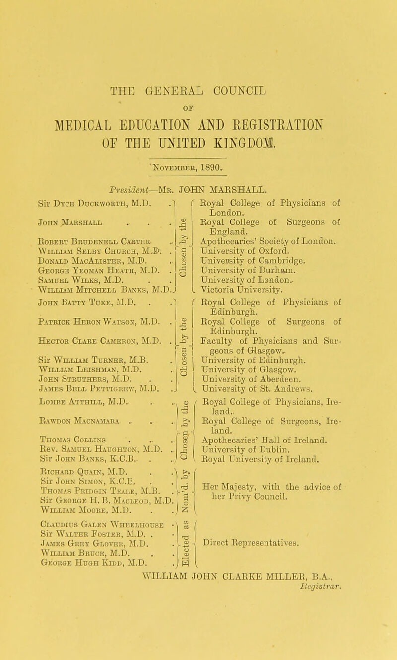 THE GENERAL COUNCIL MEDICAL EDUCATION AND REGISTRATION OF THE UNITED KINGDOM. November, 1890. President—Mr. JOHN MARSHALL. Sir Dice Duckworth, M.D. John Marshall Robert Brudenell Carter- Willlam Selby Church, M.D'. . Donald MacAlister, M.D. George Yeoman Heath, M.D. . Samuel Wllks, M.D. William Mitchell Banks, M.D. j John Batty Tuke, M.D. >. -a o r a'' W O A a f Boyal College of Physicians of London. Royal College of Surgeons of England. Apothecaries' Society of London. University of Oxford. Univensity of Cambridge. University of Durham. University of London.- i» Victoria University. f Royal College of Physicians of Edinburgh. Royal College of Surgeons of Edinburgh. Faculty of Physicians and Sur- geons of Glasgow.. University of Edinburgh. University of Glasgow. University of Aberdeen. University of St. Andrews. Royal College of Physicians, Ire- land.. Royal College of Surgeons, Ire- land. Apothecaries' Hall of Ireland. University of Dublin. Royal University of Ireland. Patrick Heron Watson, M.D. . Hector Clare Cameron, M.D. . Sir William Turner, M.B. William Leishman, M.D. John Struthers, M.D. James Bell Pettigrew, M.D. Lombe Atthill, M.D. Rawdon Macnamara .. Thomas Collins Rev. Samuel Haughton, M.D. . Sir John Banks, K.C.B.. Richard Quain, M.D. Sir John Simon, K.C.B. Thomas Pridoin Tkale, M.B. Sir George H.B. Macleod, M.D William Moore, M.D. Claudius Galen Wheelhouse Sir Walter Foster, M.D. . James Grey Glover, M.D. William Bruce, M.D. . . I J> George Hugh Kidd, M.D. .) 3 WILLIAM JOHN CLARKE MILLER, B.A., Registrar. Her Majesty, with the advice of her Privy Council. Direct Representatives.