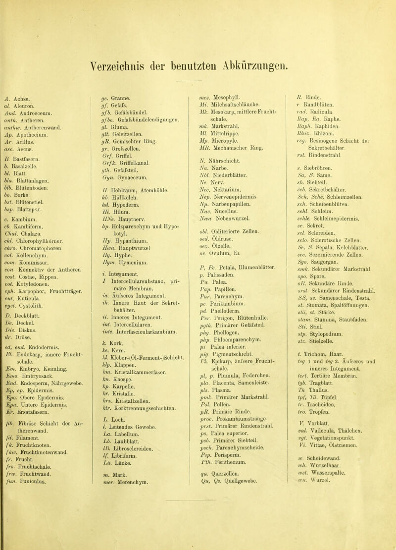 Verzeichnis der benutzten Abkürzungen. ge. Granne. gf. Gefäfs. gfb. Gefäfsbündel. gfbe. Gefäfsbündelendiguiigen. gl. Gluma. glt. Geleitzellen. gR. Gemischter Ring. gr. Grofszellen. Grf. Griffel. Grfk. Griffelkanal. gtk. Gefäfsteil. Oyn. Gynaeceum. A. Achse. al. Aleuroh. And. Androeceum. anth. Antheren. anihw. Antherenwand. Ap. Apothecium. Ar. Arillus. asc. Ascus. B. Bastfasern. b. Basalzelle. bl. Blatt. bla. Blattanlagen. blb. Blütenboden. bo. Borke. bst. Blütenstiel. bsp. ßlattsp'jr. c. Kambium. cb. Kambiform. Clial. Chalaza. ehl. Chlorophyllkönier. ehro. Chromatophoren. col. Kellenchym. com. Kommissur. con. Konnektiv der Antheren cost. Costae, Rippen. cot. Kotyledonen. cph. Karpophor, Fruchtträger. cut. Kuticula. cyst. Cystolith. D. Deckblatt. De. Deckel. Dis. Diskus. dr. Drüse. ed, end. Endodermis. EL Endokarp, innere Frucht- schale. Um. Embryo, Keimling. Ems. Embiyosack. End. Endosperm, Nähi'gewebe. Ep, ep. Epidermis. Epo. Obere Epidermis. Epu. Untere Epidermis. Er. Ersatzfasern. ßb. Fibröse Schicht der An- therenwand. fd. Filament. fk. Fruchtknoten. fku). Fruchtknotenwand. //■. Frucht. frs. Fruchtschale. frw. Fruchtwaud. fun. Funiculus. H. Hohlraum, Atemhöhle. hb. Hüllkelch. hd. Hypoderm. Hi. Hilum. HNe. Haupt nerv. hp. Holzparecchym und Hypo- kotyl. Hp. Hypanthium. Hwu. Hauptwurzel Hg. Hyphe. Hym. Hymenium. *. Inte^ument. / Intercellularsubstanz, pri- märe Membran. ia. Aufseres Integument. 'ih. Innere Haut der Sekret- behälter. ii. Inneres Integument. int. lotercellularen. inte. luterfascicularkambium. k. Kork. ke. Kern. kl. Kleber-[Öl-Ferment-)Schicht. klp. Klappen. km. Kristallkammerfaser. hl. Knospe. kp. Karpelle. kr. Kristalle. krx.. Kiistallzellen. ktr. Korktrennungsschichten. L. Loch. I. Leitendes Gewebe. La. Labeilum. Lb. Laubblatt. IB. Librosclereiden. //'. Libriform. Lü. Lücke. m. Mark. mer. Merenchym. mes. Mesophyll. Mi. Milchsaftschläuche. Mk. Mesokarp, mittlere Frucht- schale. mk. Markstrahl. ML Mittelrippe. Mp. Micropyle. MR. Mechanischer Ring. N. Nährschicht. Na. Narbe. Nbl. Niederblätter. Ne. Nerv. Nec. Nektarium. Nep. Nervenepidermis. Np. Narbenpapillen. Nuc. Nucellus. Nwu Nebenwurzel. obl. Obliterierte Zellen. oed. Öldrüse. oex. Olzelle. ov. Ovulum, El. P, Fe. Petala, Blumenblätter. p. Palissaden. Pa Palea. Pap. Papillen. Par. Parenchym. pc Perikambium. pd. Phelloderm. Per. Perigon, Blütenhülle. pgth. Primärer GefäCsteil. phg. Phellogen. php. Phloemparenchym. pi Palea inferior. pig. Pigmeutschicht. Pk. Epikarp, äufsere Frucht- schale. pl, p. Plumula, Federcheu. pla. Placenta, Samenleiste. pls. Plasma. pmk. Primärer Markstrahl. Pol. Pollen. pR. Primäre Rinde. proc. Prokambiumstränge. prst. Primärer Rindenstrahl. ps. Palea superior. psb. Primärer Siebteil. psch. Parenchymscheide. Psp. Perisperm. Pth. Perithecium. qu. Querzellen. Qu, Qs. Quellgewebe. R. Rinde. r. Randblüten. rad. Radicula. Rap, Ra. Raphe. Rapli. Raphiden. Rhix,. Rhizom. rsg. Resinogene Schicht der Sekretbehälter. rst. Rindenstrahl. s. Siebröhren. Sa, S. Same. sb. Siebteil. scb. Sekretbehälter. Sch, Sehe. Schleimzellen. seh. Scheibenblüten. schl. Schleim. sohle. Schleimepidermis. sc. Sekret. sei. Sclereiden. selo. Sclerotische Zellen. Se, S. Sepala, Kelchblätter. see. Sezernierende Zellen. Sgo. Saugorgan. sink. Sekundärer Markstraiil. spo. Spore. sR. Sekundäre Rinde. srst. Sekundärer Rindenstrahl. SS, SS. Samenschale, Testa. st. Stomata, Spaltöffnungen. stä, st. Stärke. stam. Stamina, Staubfäden. Sti. Stiel. stp. Stylopodium. stx,. Stielzelle. t. Trichom, Haar. teg 1 und teg 2. Äufseres und inneres Integument. tert. Tertiäre Membr.xn. tgb. Tragblatt. Tk ThaUus. tpf, Tu. Tüpfel. tr. Tracheiden. tro. Tropfen. V. Vorblatt. val. Vallecula, Thälchen. vgt. Vegetationspunkt. Vi. Vittae, Ölstnemen. w. Scheidewand. wh. Wurzelhaar. wst. Wasserspalte. im. Wurzel.