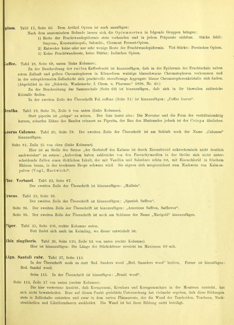 pium. Tafel 17, Seite 66. Dem Artikel Opium ist noch anzufügen: Nach dem anatomischen Befunde lassen sich die Opiumsorten in folgende Gruppen bringen: 1) Reste der Fruchtwandepidermis stets vorhanden und in jedem Präparate sichtbar. Stärke fehlt: Smyrna-, Konstantinopel-, Saloniki-, Clermont Ferrant-Opium. 2) Entweder keine oder nur sehr wenige Reste der Fruchtwandepidermis. Viel Stärke: Persisches Opium. 3) Keine Fruchtwandreste, keine Stärke: Indisches Opium. alfee. Tafel 18, Seite 68, unten (linke Kolumne). Zu der Beschreibung der reifen Kaffeefrucht ist hinzuzufügen, dafs in der Epidermis der Fruchtschale neben rotem Zellsaft und gelben Chromatophoren in Körnerform wulstige blauschwarze Chromatophoren vorkommen und in der subepidermalen Zellschicht sich prachtvolle sternförmige Aggregate blauer Ohromatophorenkristalle sich finden. (Abgebildet in der „Schweiz. Wochenschr. f. Chem. u. Pharmac. 1898, Nr. 40.) Zu der Beschreibung der Samenschale (Seite 69) ist hinzuzufügen, dafs sich in ihr bisweilen zahlreiche Kristalle finden. In der zweiten Zeile der Überschrift Fol. cotfeae (Seite 71) ist hinzuzufügen: „Coffee leaves. entha. Tafel 19, Seite 76, Zeile 6 von unten (linke Kolumne). Statt piperita ist „crispa zu setzen. Der Satz lautet also: Die Nervatur und die Form der verhältnismäfsig kurzen, scharfen Zähne des Randes eiinnert an Piperita, der Bau des Blattrandes jedoch ist der Crispa ähnlicher. LCOrus Calamus. Tafel 20, Seite 79. Der zweiten Zeile der Überschrift ist am Schlufs noch der Name „Galamus hinzuzufügen. Seite 81, Zeile 25 von oben (linke Kolumne). Hier ist an Stelle des Satzes „der Gerbstoff des Kalmus ist durch Eisenchlorid mikrochemisch nicht deutlich nachweisbar zu setzen: „lufserdem haben zahlreiche von den Pareachytnzellea in der Gröfse sich nicht unter- scheidende Zellen einen dicklichen luhalt, der mit Vanillin und Salzsäure schön rot, mit Elsenchlorid in frischem Rhizom braun, in der trockenen Droge schwarz wird. Sie eignen sich ausgezeichnet zum Nachweis von Kaimas- pulver (Vogl, Hartwich). ^lor. Verbasci. Tafel 22, Seite 87. Der zweiten Zelle der Überschrift ist hinzuzufügen: „Mullein. rocus. Tafel 23, Seite 91. Der zweiten Zelle der Überschrift ist hinzuzufügen: „Spanisli Saffron. Seite 96. Der zweiten Zeile der Überschrift ist hinzuzufügen: „American Saffron, Safflower. Seite 95. Der zweiten Zeile der Überschrift ist noch am Schlüsse der Name „Marigold hinzuzufügen. •iper. Tafel 25, Seite 106, rechte Kolumne unten. Fett findet sich auch im Keimling, wo dieser entwickelt ist. llliz. zingiberis. Tafel 26, Seite 110, Zeile 14 von unten (rechte Kolumne). Hier ist hinzuzufügen: Die Länge der Stärkekörner erreicht im Maximum 69 mlk. Lign. Santali rubr. Tafel 27, Seite 113. In der Überschrift mufs es statt Red. Sanders wood „Red. Saunders wood heifsen. Ferner ist hinzufügen: Red. Sandal wood. Seite 115. In der Überschrift ist hinzufügen: „Brazil wood. Seite 114, Zeile 17 von unten (rechte Kolumne). Die hier vertretene Ansicht, dafs Kerngummi, Kernharz und Kerngiimmiharz in der Membran entsteht, hat sich nicht bewahrheitet. Eine auf diesen Punkt gerichtete Untersuchung hat vielmehr ergeben, dafs diese Bildungen stets in Zellinhalte entstehen und zwar in dem zarten Plasmareste, der die Wand der Tracheiden, Tracheen, Mark- strahlzellen und Libriformfasern auskleidet. Die Wand ist bei ihrer. Bildung nicht beteiligt.