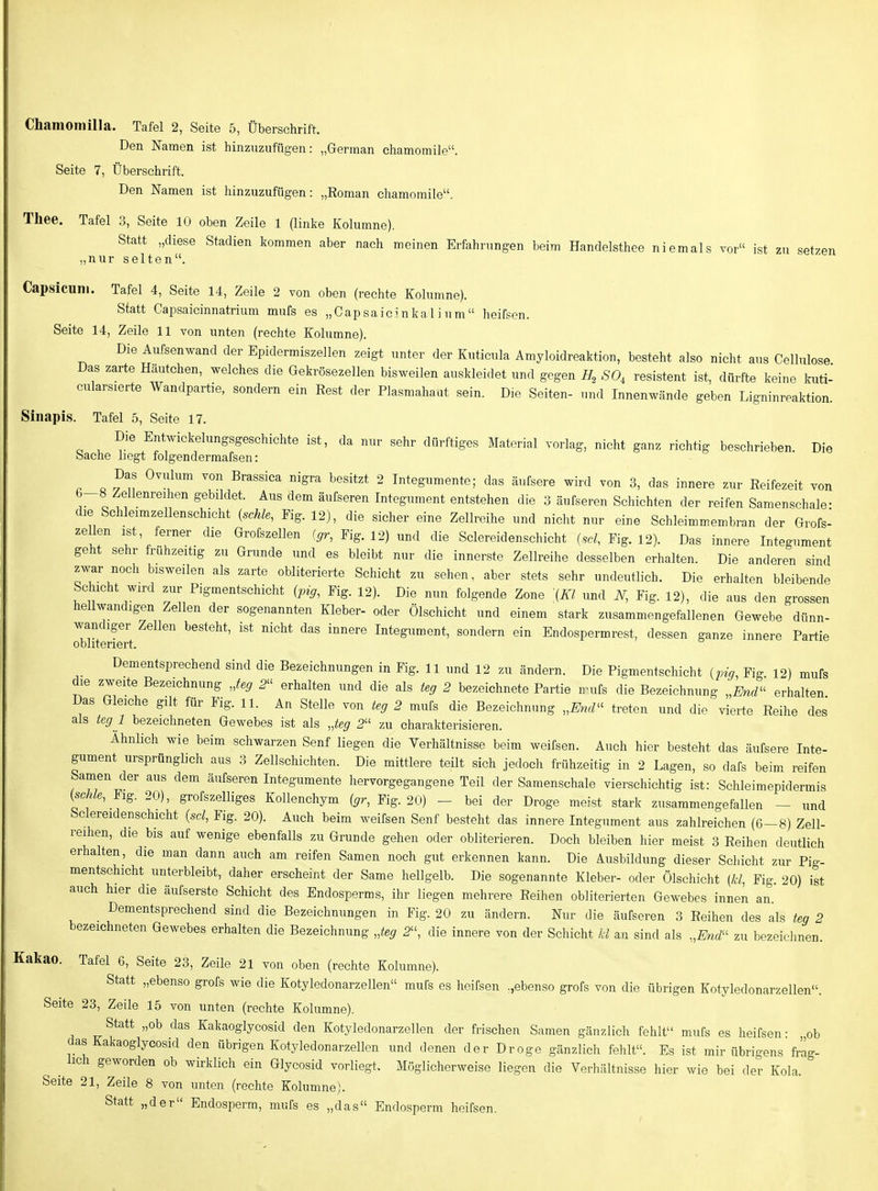 Chamomilla. Tafel 2, Seite 5, Überschrift. Den Namen ist hinzuzufügen: „German chamomile. Seite 7, Überschrift. Den Namen ist hinzuzufügen: „Eoman chamomile. Thee. Tafel 3, Seite 10 oben Zeile 1 (linke Kolumne). Statt „diese Stadien kommen aber nach meinen Erfahrungen beim Handelsthee niemals vor ist zu setzen „nur selten. Capsicuni. Tafel 4, Seite 14, Zeile 2 von oben (rechte Kolumne). Statt Capsaicinnatrium mufs es „Gap saic^nka 1 i um heifsen. Seite 14, Zeile 11 von unten (rechte Kolumne). Die Aufsenwand der Epidermiszellen zeigt unter der Kuticula Amyloidreaktion, besteht also nicht aus Cellulose Das zarte Häutehen, welches die Gekrösezellen bisweilen auskleidet und gegen H, SO, resistent ist, dürfte keine kuti- cularsierte Wandpartie, sondern ein Rest der Plasmahaat sein. Die Seiten- und Innenwände geben Ligninreaktion. Sinapis. Tafel 5, Seite 17. Die Entwickelungsgeschichte ist, da nur sehr dürftiges Material vorlag, nicht ganz richtig beschrieben Die Sache liegt folgendermafsen: Das Ovulum von Brassica nigra besitzt 2 Integumente; das äufsere wird von 3, das innere zur Reifezeit von 6-8 Zellenreihen gebildet. Aus dem äufseren Integument entstehen die 3 äufseren Schichten der reifen Samenschale- die Schleimzellenschicht {schle, Fig. 12), die sicher eine Zellreihe und nicht nur eine Schleimmembran der Grofs- zellen ist, ferner die Grofszellen (gr, Fig. 12) und die Sclereidenschicht Fig. 12). Das innere Integument geht sehr frühzeitig zu Grunde und es bleibt nur die innerste Zellreihe desselben erhalten. Die anderen sind zwar noch bisweilen als zarte obliterierte Schicht zu sehen, aber stets sehr undeutlich. Die erhalten bleibende Schicht wird zur Pigmentschicht {p^g, Fig. 12). Die nun folgende Zone \{Kl und JV, Fig. 12), die aus den grossen hellwandigen Zellen der sogenannten Kleber- oder Ölschicht und einem stark zusammengefallenen Gewebe dünn- wandiger Zellen besteht, ist nicht das innere Integument, sondern ein Endospermrest, dessen ganze innere Partie obliteriert. Dementsprechend sind die Bezeichnungen in Fig. 11 und 12 zu ändern. Die Pigmentschicht {pig, Fig 12) mufs die zweite Bezeichnung Jeg 2 erhalten und die als teg 2 bezeichnete Partie n^ufs die Bezeichnung ,,End- erhalten Das Gleiche gilt für Fig. 11. An Stelle von teg 2 mufs die Bezeichnung ,,EncV^ treten und die vierte Reihe des als teg l bezeichneten Gewebes ist als ^eg 2 zu charakterisieren. Ähnlich wie beim schwarzen Senf liegen die Yerhältnisse beim weifsen. Auch hier besteht das äufsere Inte- gument ursprünglich aus 3 Zellschichten. Die mittlere teilt sich jedoch frühzeitig in 2 Lagen, so dafs beim reifen Samen der aus dem äufseren Integumente hervorgegangene Teil der Samenschale vierschichtig ist: Schleimepidermis {sohle, Flg. 20), grofszelliges KoUenchym [gr, Fig. 20) - bei der Droge meist stark zusammengefallen - und bclereidenschicht {sei, Fig. 20). Auch beim weifsen Senf besteht das innere Integument aus zahlreichen (6-8) Zell- reihen, die bis auf wenige ebenfalls zu Grunde gehen oder obliterieren. Doch bleiben hier meist 3 Reihen deutlich erhalten, die man dann auch am reifen Samen noch gut erkennen kann. Die Ausbildung dieser Schicht zur Pig- mentschicht unterbleibt, daher erscheint der Same hellgelb. Die sogenannte Kleber- oder Ölschicht [kl, Fig. 20) ist auch hier die äufserste Schicht des Endosperms, ihr liegen mehrere Reihen obliterierten Gewebes innen an Dementsprechend sind die Bezeichnungen in Fig. 20 zu ändern. Nur die äufseren 3 Reihen des als teg 2 bezeichneten Gewebes erhalten die Bezeichnung ^eg 2, die innere von der Schicht kl an sind als .„End^^ zu bezeichnen. Kakao. Tafel 6, Seite 23, Zeile 21 von oben (rechte Kolumne). Statt „ebenso grofs wie die Kotyledonarzeilen mufs es heifsen .,ebenso grofs von die übrigen Kotyledonarzellen. Seite 23, Zeile 15 von unten (rechte Kolumne). Statt „ob das Kakaoglycosid den Kotyledonarzellen der frischen Samen gänzlich fehlt mufs es heifsen- ob das Kakaoglycosid den übrigen Kotyledonarzellen und denen der Droge gänzlich fehlt. Es ist mir übrigens fräg- ^ lieh geworden ob wirklich ein Glycosid vorliegt. Möglicherweise liegen die Verlüiltnisse hier wie bei der Kola. Seite 21, Zeile 8 von unten (rechte Kolumne). Statt „der Endosperm, mufs es „das Endosperm heifsen.