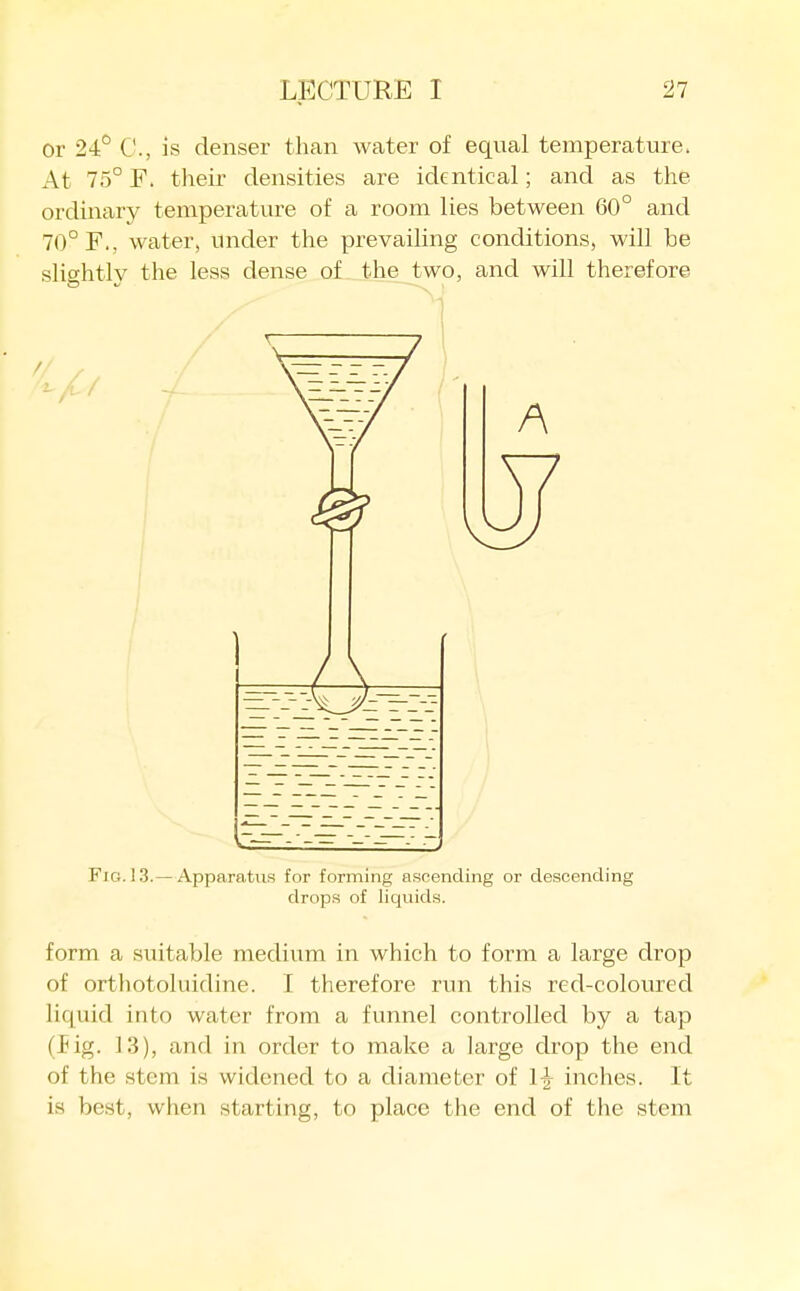 or 24° C, is denser than water of equal temperature. At 75° F. their densities are identical; and as the ordinary temperature of a room lies between 60° and 70° F., water, under the prevailing conditions, will be slightly the less dense of the two, and will therefore Fig. 13.— Apparatus for forming ascending or descending drops of liquids. form a suitable medium in which to form a large drop of orthotoluidine. I therefore run this red-coloured liquid into water from a funnel controlled by a tap (Jig. 13), and in order to make a large drop the end of the stem is widened to a diameter of 1^ inches. It is best, when starting, to place the end of the stem