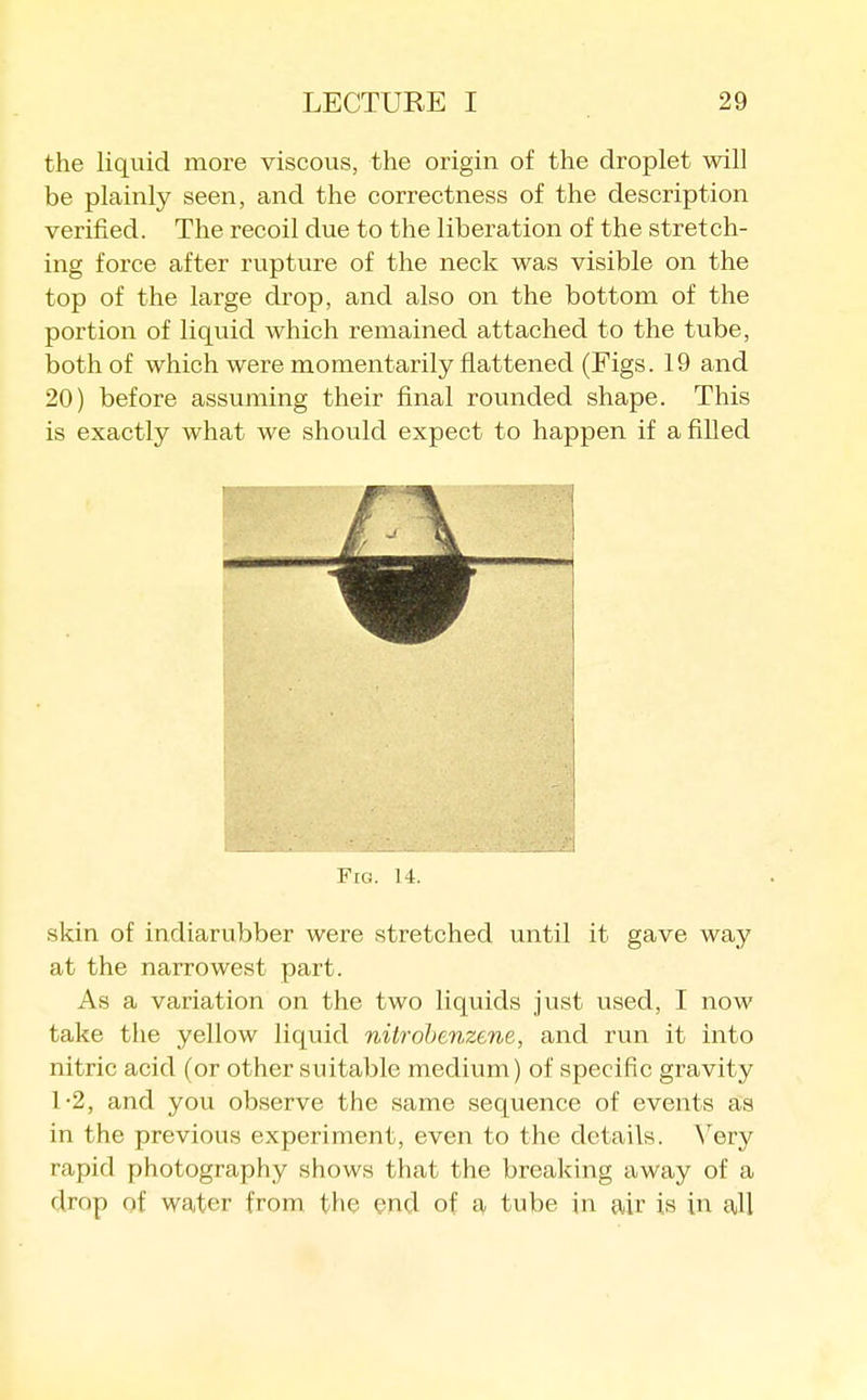 the liquid more viscous, the origin of the droplet will be plainly seen, and the correctness of the description verified. The recoil due to the liberation of the stretch- ing force after rupture of the neck was visible on the top of the large drop, and also on the bottom of the portion of liquid which remained attached to the tube, both of which were momentarily flattened (Figs. 19 and 20) before assuming their final rounded shape. This is exactly what we should expect to happen if a filled j i 1 FtG. 14. skin of indiarubber were stretched until it gave way at the narrowest part. As a variation on the two liquids just used, I now take the yellow liquid nitrohenzene, and run it into nitric acid (or other suitable medium) of specific gravity 1-2, and you observe the same sequence of events as in the previous experiment, even to the details, ^^ery rapid photography shows that the breaking away of a drop of water from the end of a tube in air is in all