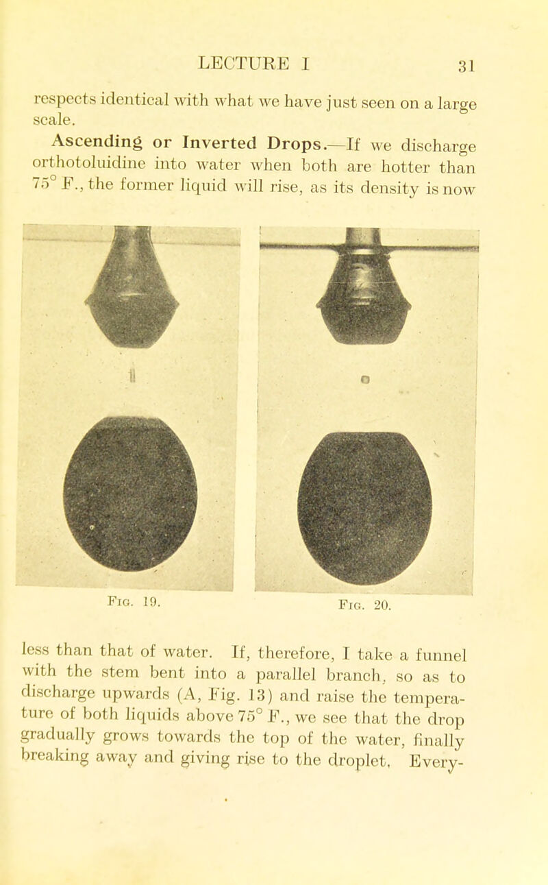 respects identical with what we have just seen on a large scale. Ascending or Inverted Drops.—If we discharge orthotoluidine into water when both are hotter than 75° F., the former liquid will rise, as its density is now Fig. 19. Yig. 20. less than that of water. If, therefore, I take a fimnel with the stem bent into a jDarallel branch, so as to discharge upwards (A, Fig. 13) and raise the tempera- ture of both liquids above 75° F., we see that the drop gradually grows towards the top of the water, finally breaking away and giving rise to the droplet. Every-