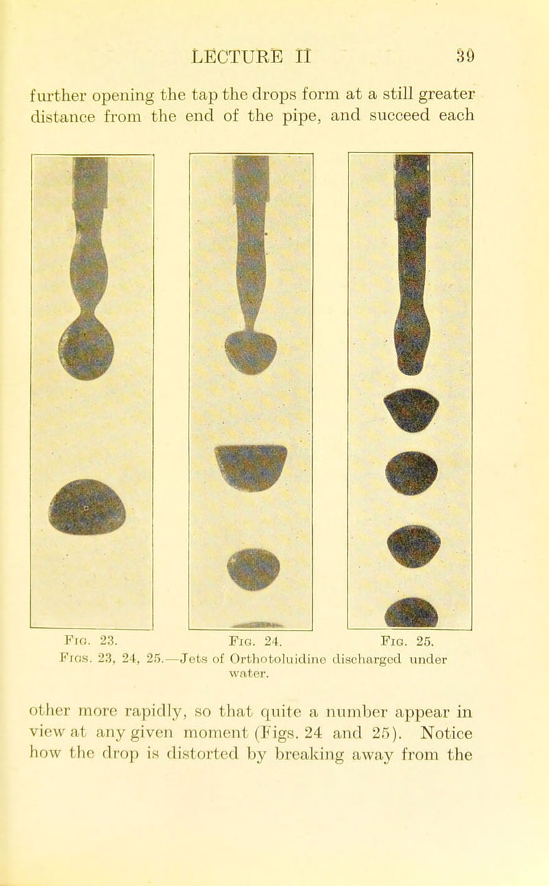 further opening the tap the drops form at a still greater distance from the end of the pipe, and succeed each Fig. 23. Fig. 24. Fig. 25. Figs. 23. 24, 25.—Jets of Orthotoluidine discharged under water. other more rapidly, so that quite a number appear in view at any given moment (Pigs. 24 and 25). Notice how the drop is distorted by breaking away from the