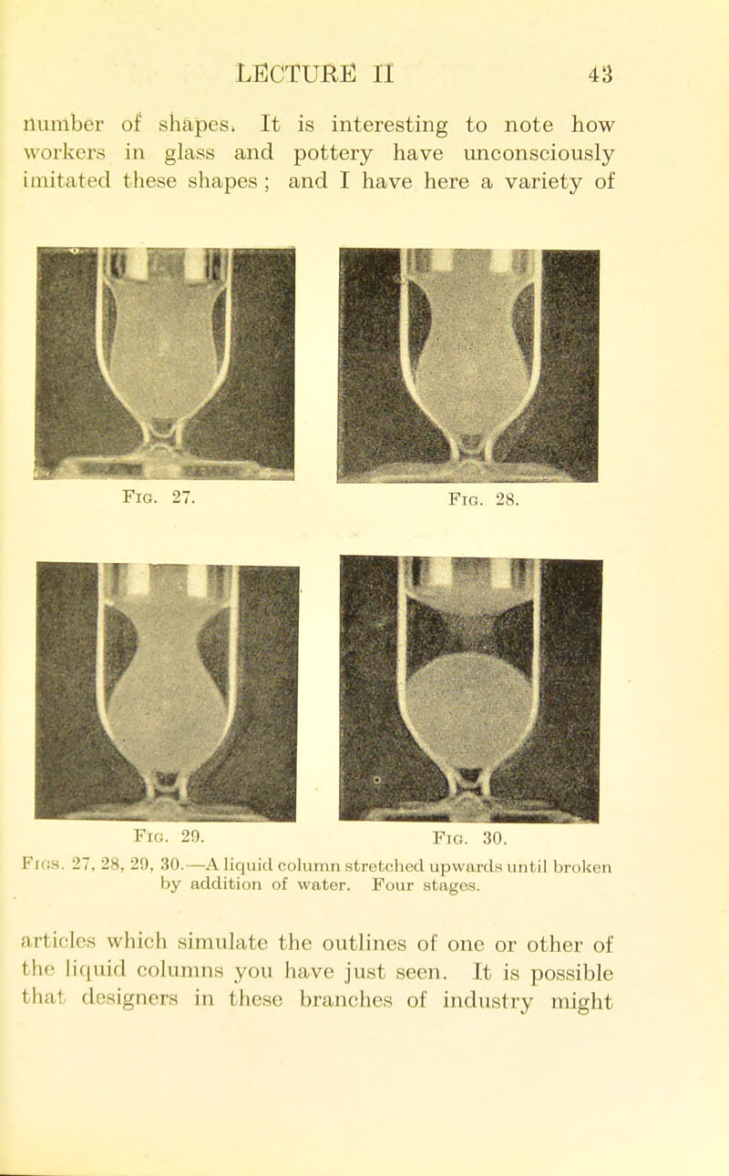 number of shapes. It is interesting to note how workers in glass and pottery have unconsciously imitated these shapes ; and I have here a variety of 2!). Fig. 30. Fins. 27, 28, 29, 30.—A liquid column stretched upwards until broken by addition of water. Four stages. articles which simulate the outlines of one or other of the li([uid columns you have just seen. It is possible that designers in these branches of industry might