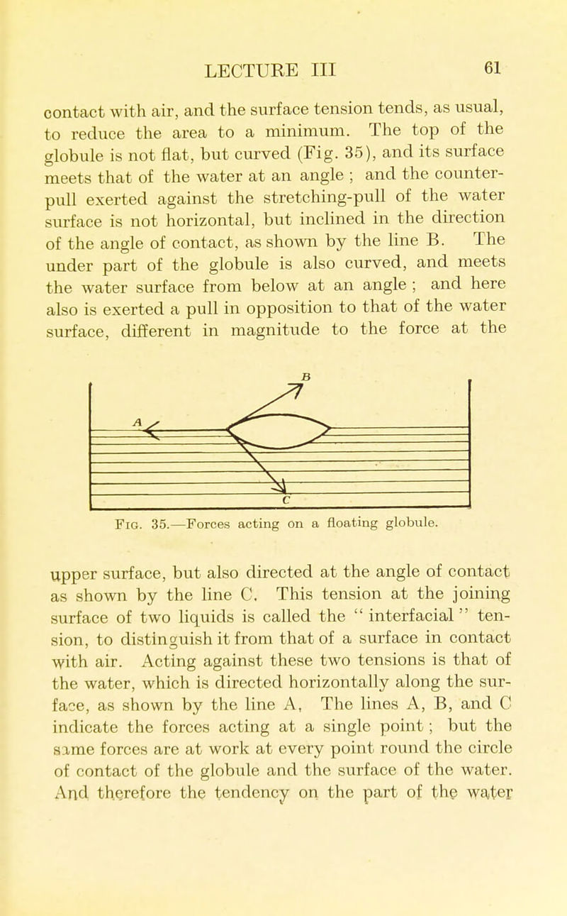 contact with air, and the surface tension tends, as usual, to reduce the area to a minimum. The top of the globule is not flat, but curved (Fig. 35), and its surface meets that of the water at an angle ; and the counter- pull exerted against the stretching-pull of the water surface is not horizontal, but incHned in the direction of the angle of contact, as shown by the line B. The under part of the globule is also curved, and meets the water surface from below at an angle ; and here also is exerted a pull in opposition to that of the water surface, different in magnitude to the force at the Fig. 35.—Forces acting on a floating globule. upper surface, but also directed at the angle of contact as shown by the line C. This tension at the joining surface of two liquids is called the  interfacial  ten- sion, to distincruish itfrom that of a surface in contact with air. Acting against these two tensions is that of the water, which is directed horizontally along the sur- face, as shown by the line A, The lines A, B, and C indicate the forces acting at a single point; but the same forces are at work at every point round the circle of contact of the globule and the surface of the water. And therefore the tendency on the part of the waiter