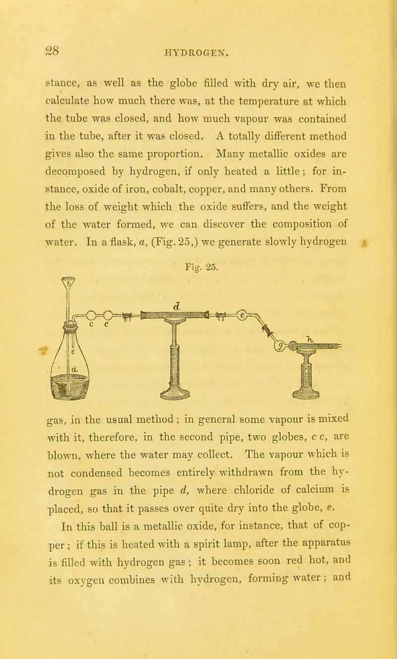 stance, as well as the globe filled with dry air, we then calculate how much there was, at the temperature at which the tube was closed, and how much vapour was contained in the tube, after it was closed. A totally different method gives also the same proportion. Many metallic oxides are decomposed by hydrogen, if only heated a little; for in- stance, oxide of iron, cobalt, copper, and many others. From the loss of weight which the oxide suffers, and the weight of the water formed, we can discover the composition of water. In a flask, a, (Fig. 25,) we generate slowly hydrogen Fig. 25. gas, in the usual method; in general some vapour is mixed with it, therefore, in the second pipe, two globes, c c, are blown, where the water may collect. The vapour which is not condensed becomes entirely withdrawn from the hy- drogen gas in the pipe d, where chloride of calcium is placed, so that it passes over quite dry into the globe, e. In this ball is a metallic oxide, for instance, that of cop- per ; if this is heated with a spirit lamp, after the apparatus is filled with hydrogen gas; it becomes soon red hot, and its oxygen combines with hydrogen, forming water; and