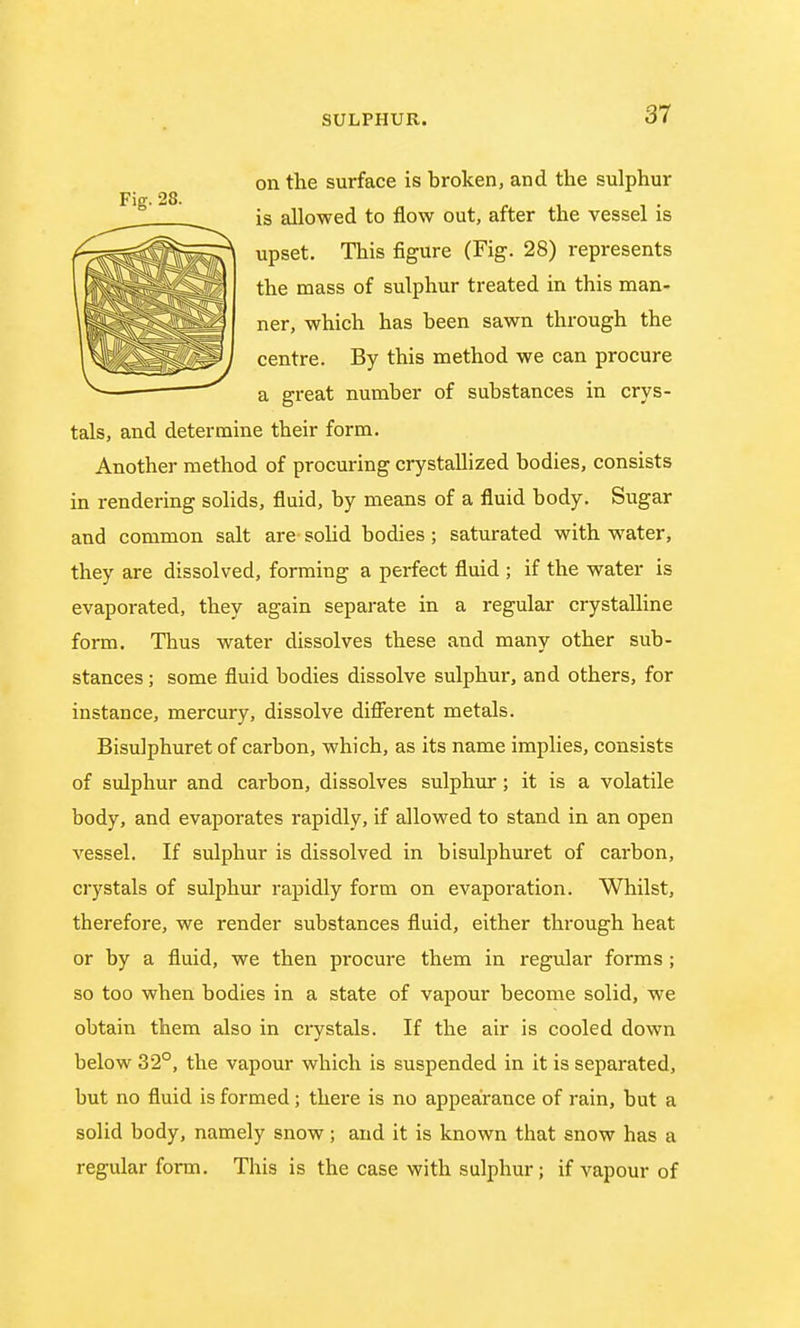 on the surface is broken, and the sulphur is allowed to flow out, after the vessel is upset. This figure (Fig. 28) represents the mass of sulphur treated in this man- ner, which has been sawn through the centre. By this method we can procure a great number of substances in crys- tals, and determine their form. Another method of procuring crystallized bodies, consists in rendering solids, fluid, by means of a fluid body. Sugar and common salt are- solid bodies; saturated with water, they are dissolved, forming a perfect fluid ; if the water is evaporated, they again separate in a regular crystalline form. Thus water dissolves these and many other sub- stances ; some fluid bodies dissolve sulphur, and others, for instance, mercury, dissolve different metals. Bisulphuret of carbon, which, as its name implies, consists of sulphur and carbon, dissolves sulphur; it is a volatile body, and evaporates rapidly, if allowed to stand in an open vessel. If sulphur is dissolved in bisulphuret of carbon, crystals of sulphur rapidly form on evaporation. Whilst, therefore, we render substances fluid, either through heat or by a fluid, we then procure them in regular forms ; so too when bodies in a state of vapour become solid, we obtain them also in crystals. If the air is cooled down below 32°, the vapour which is suspended in it is separated, but no fluid is formed; there is no appearance of rain, but a solid body, namely snow; and it is known that snow has a regular form. This is the case with sulphur; if vapour of