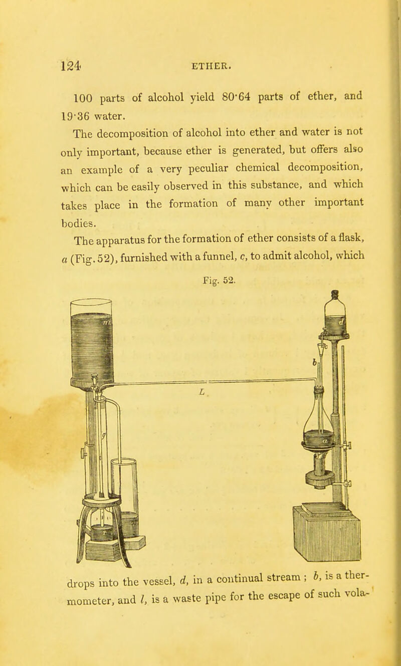 100 parts of alcohol yield 80-64 parts of ether, and 19 36 water. The decomposition of alcohol into ether and water is not only important, because ether is generated, but offers also an example of a very peculiar chemical decomposition, which can be easily observed in this substance, and which takes place in the formation of many other important bodies. The apparatus for the formation of ether consists of a flask, a (Fig. 52), furnished with a funnel, c, to admit alcohol, which Fig. 52. mometer, and I, is a waste pipe for the escape of