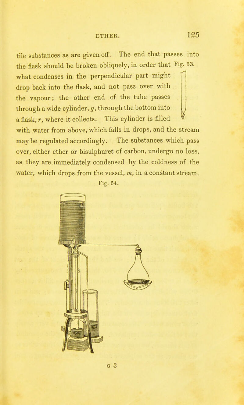 tile substances as are given off. The end that passes into the flask should be broken obliquely, in order that Fig- •r>3. what condenses in the perpendicular part might drop back into the flask, and not pass over with the vapour; the other end of the tube passes through a wide cylinder, g, through the bottom into a flask, r, where it collects. This cylinder is filled v) with water from above, which falls in drops, and the stream may be regulated accordingly. The substances which pass over, either ether or bisulphuret of carbon, undergo no loss, as they are immediately condensed by the coldness of the water, which drops from the vessel, m, in a constant stream. Fig. 54.