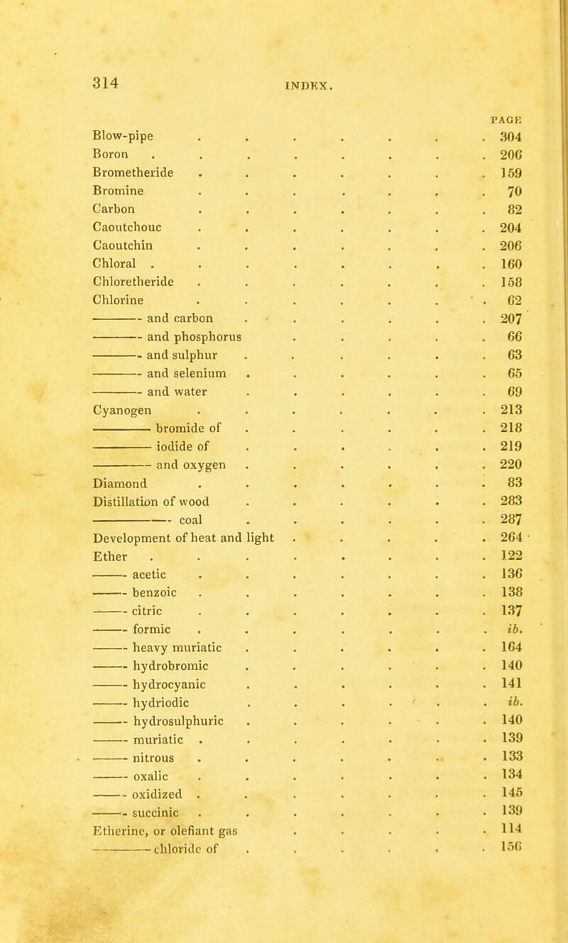 PACK Blow-pipe ....... 304 Boron ........ 20C Brometheride . . . . . . .159 Bromine . . . .... 70 Carbon ....... 82 Caoutchouc ....... 204 Caoutchin ....... 206 Chloral . . . . . . . .160 Chloretheride . . ... . . .158 Chlorine . . . . . . 62 and carbon . • . . . . . 207 and phosphorus . . . . .66 and sulphur . . . . . .63 and selenium . . . . . .65 and water . . . . . .69 Cyanogen ....... 213 bromide of . . . . . 218 iodide of . . . . .219 and oxygen ...... 220 Diamond . . . . . . .83 Distillation of wood ...... 283 coal 287 Development of heat and light ..... 264' Ether 122 acetic ....... 136 benzoic ....... 138 I citric . . . . ' . .137 formic . . . . . . ib. heavy muriatic . . . . . .164 hydrobromic . . . . . .140 hydrocyanic ...... 141 hydriodic . . . ' . ib. hydrosulphuric ...... 140 muriatic . . 139 nitrous ........ 133 oxalic ....... 134 oxidized . . ..... 145 succinic . . . . . • .139 Etherine, or olefiant gas . . . • .114 chloride of . . . . • .166