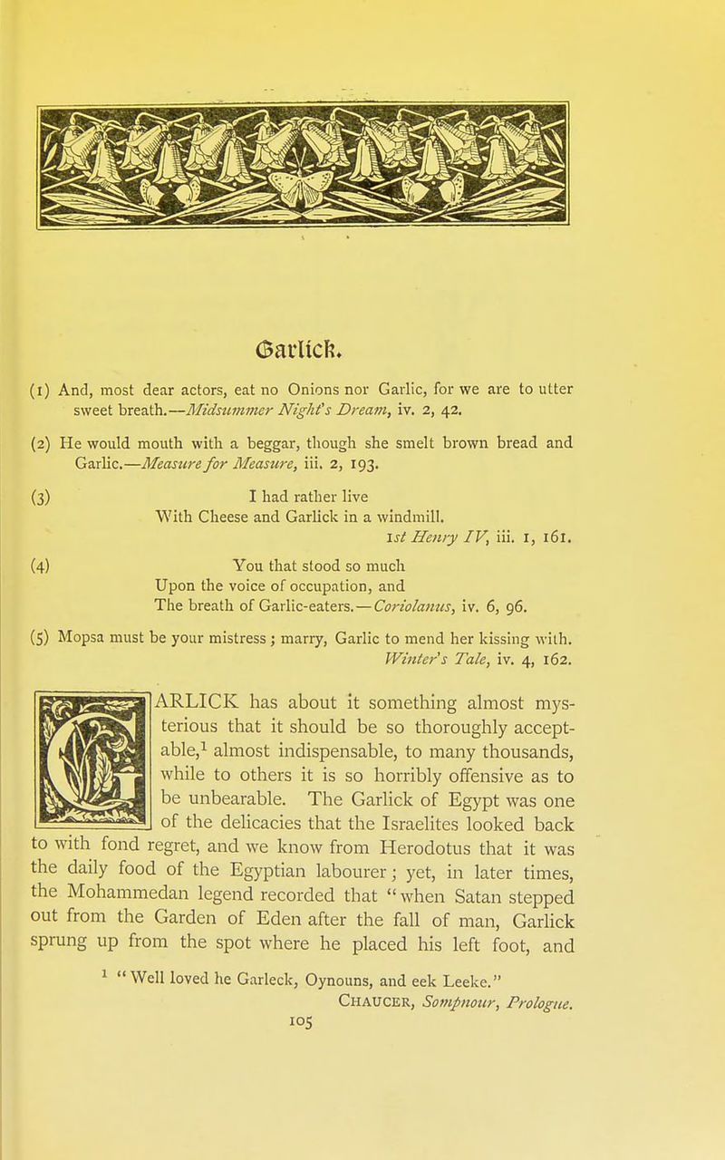 sweet breath.—Midsummer Night's Dream, iv. 2, 42, (2) He would mouth with a beggar, though she smelt brown bread and Garlic.—Measure for Measure, iii. 2, 193. (3) I had rather live With Cheese and Garlick in a windmill. 1st Henry IV, iii. I, 161. (4) You that stood so much Upon the voice of occupation, and The breath of Garlic-eaters.—Coriolanus, iv. 6, 96. (5) Mopsa must be your mistress; marry. Garlic to mend her kissing with. Winter's Tale, iv. 4, 162. ARLICK has about it something almost mys- terious that it should be so thoroughly accept- able,^ almost indispensable, to many thousands, while to others it is so horribly offensive as to be unbearable. The Garlick of Egypt was one of the delicacies that the Israelites looked back to with fond regret, and we know from Herodotus that it was the daily food of the Egyptian labourer; yet, in later times, the Mohammedan legend recorded that  when Satan stepped out from the Garden of Eden after the fall of man, Garlick sprung up from the spot where he placed his left foot, and ^  Well loved he Garleck, Oynouns, and eek Leeke. Chaucer, Sotnpnour, Prologue. I OS