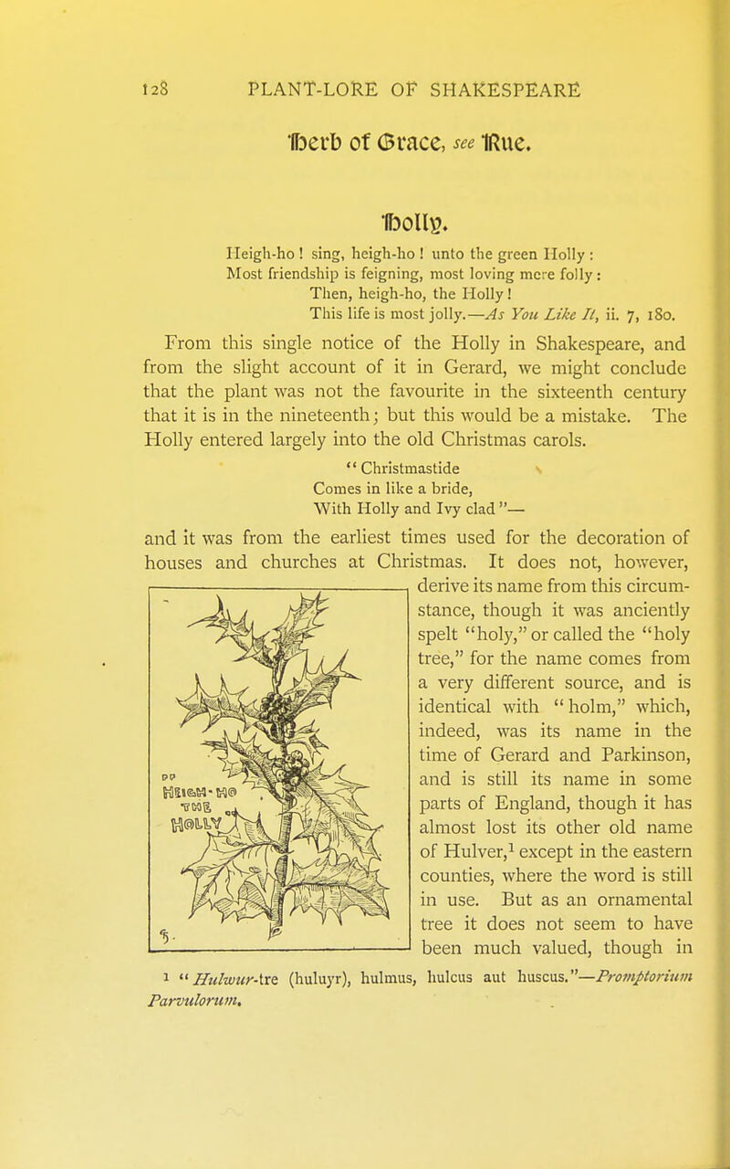 •|[3erb of 6race, see iRue. Heigh-ho ! sing, hcigh-ho ! unto the green Holly : Most friendship is feigning, most loving mere folly: Then, heigh-ho, the Holly! This life is most jolly.—As You Like It, ii. 7, 180. From this single notice of the Holly in Shakespeare, and from the slight account of it in Gerard, we might conclude that the plant was not the favourite in the sixteenth century that it is in the nineteenth; but this would be a mistake. The Holly entered largely into the old Christmas carols.  Christmastide Comes in like a bride, With Holly and Ivy clad — and it was from the earliest times used for the decoration of houses and churches at Christmas. It does not, however, derive its name from this circum- stance, though it was anciently spelt holy, or called the holy tree, for the name comes from a very different source, and is identical with  holm, which, indeed, was its name in the time of Gerard and Parkinson, and is still its name in some parts of England, though it has almost lost its other old name of Hulver,^ except in the eastern counties, where the word is still in use. But as an ornamental tree it does not seem to have been much valued, though in 1  HulwurAxz (huluyr), hulmus, hulcus aut huscus.—Promptorium Parvulorum.