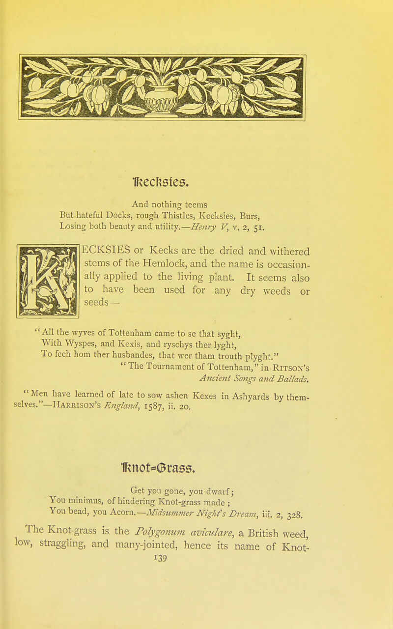 IRecftsfes. And nothing teems But hateful Docks, rough Thistles, Kecksies, Burs, Losing both beauty and utility.—Henry V, v. 2, 51. ECKSIES or Kecks are the dried and withered stems of the Hemlock, and the name is occasion- ally applied to the living plant. It seems also to have been used for any dry weeds or seeds— All the wyves of Tottenham came to se that syght, With Wyspes, and Kexis, and ryschys ther lyght. To fech horn ther husbandes, that wer tham trouth plyght.  The Tournament of Tottenham, in Ritson's Ancient Songs and Ballads. Men have learned of late to sow ashen Kexes in Ashyards by them- selves.—Harrison's England, 1587, ii. 20. 1Rnot*6rass. Get you gone, you dwarf; You minimus, of hindering Knot-grass made ; You bead, you Acorn.—Midsummer Mghi's Dream, iii. 2, 328. The Knot-grass is the Polygonum aviculare, a British weed, w, straggling, and many-jointed, hence its name of Knot-