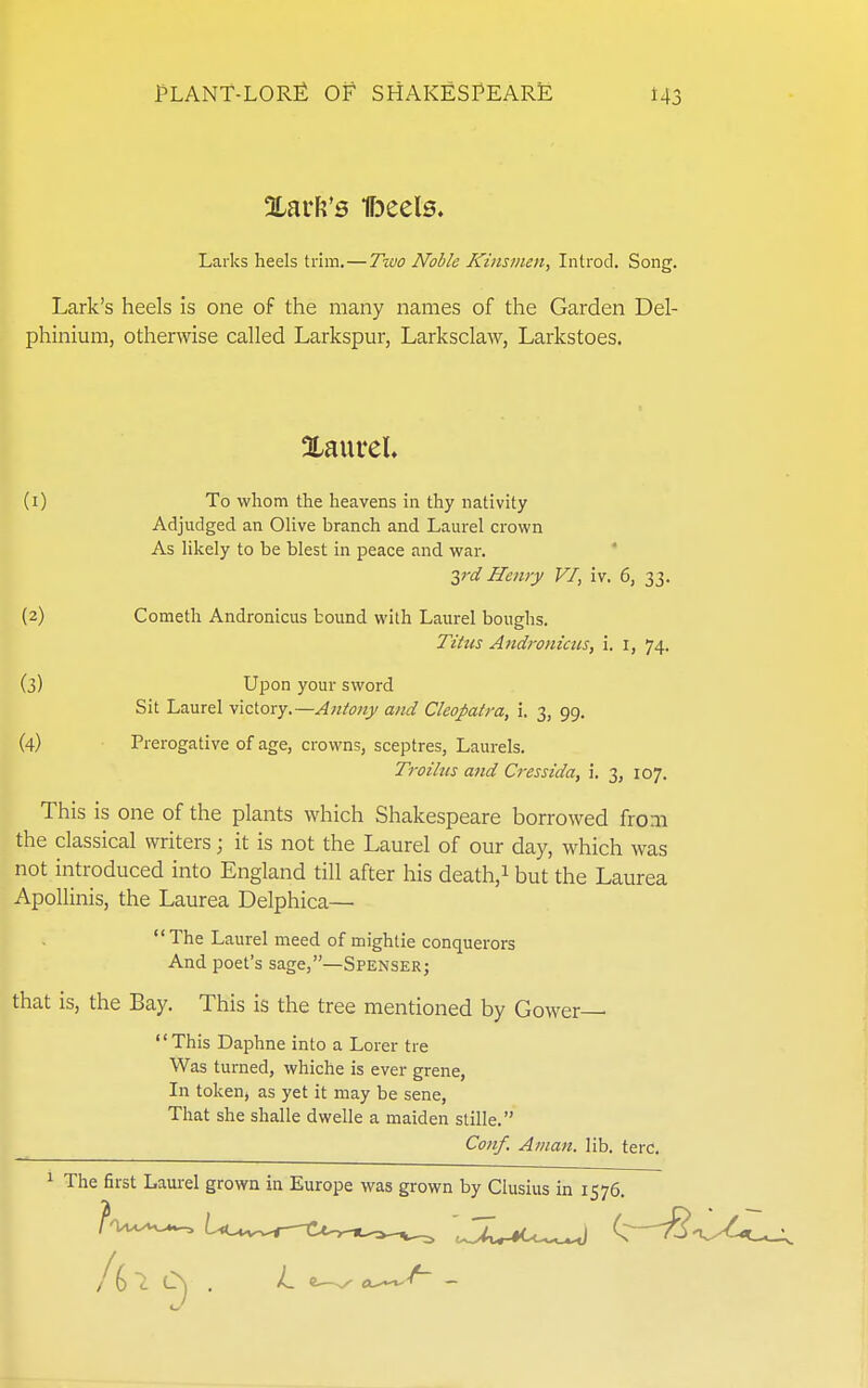 %avWs ffDeels. Larks heels trim.—Two Noble Kinsmen, Introd. Song. Lark's heels is one of the many names of the Garden Del- phinium, otherwise called Larkspur, Larksclaw, Larkstoes. Xaurel. (i) To whom the heavens in thy nativity Adjudged an Olive branch and Laurel crown As likely to be blest in peace and war. 2,rd Henry VI, iv. 6, 33. {2) Cometh Andronicus bound with Laurel boughs. Tihis Andronicics, i. i, 74. (3) Upon your sword Sit Laurel victory.—Antony and Cleopatra, i. 3, 99. (4) Prerogative of age, crowns, sceptres, Laurels. Troihis and Cressida, i. 3, 107. This is one of the plants which Shakespeare borrowed from the classical writers; it is not the Laurel of our day, which was not introduced into England till after his death,i but the Laurea ApoUinis, the Laurea Delphica—  The Laurel meed of mightie conquerors And poet's sage,—Spenser; that is, the Bay. This is the tree mentioned by Gower— This Daphne into a Lorer tre Was turned, whiche is ever grene. In token, as yet it may be sene. That she shalle dwelle a maiden stille. Conf. A/nan. lib. terc. 1 The first Laurel grown in Europe was grown by Clusius in 1576.