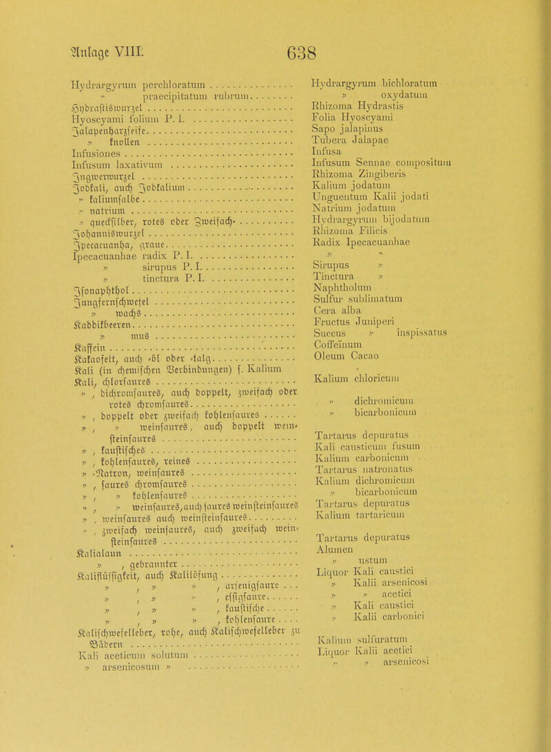 Hydrargyrum perchloratum praeeipitatuni rubrum .V)l)briifii6iuurjcl Hyoscyami foliuiii P. 1 3ala)3en^arjfeife » {noUcn lufusiones lufusum laxativuni jiißivcvmurjel 3obtali, nuc^ 3''^^''' )• ta[iuin[a[tic natvium » quccffiltcr, xoteS ober groeifac^- 5of)anui§icuijc[ 3pccacuan(}a, c\xaM Ipecacuanhae radix P. I » sirupus P. I » tinctura P. I 3fDnapf)t^o[ 3uugfi-'vnfrf)iucfe[ » \vad)& ßnbbif&eeven » imiS taffein gatnofctt, nurf) <dI cbev 4alc\ ftnli (tu cf)emifd)cn ajevbinbungen) f. Kalium Änli^ d)[Lnfauve3 » , bidiroiufnureS, nuc^ boppelt, jmeifad) ober i'otcä d)ronifouTeS » , boppelt ober jmeifad) fD()lcnfnuieä » , >■ njeinfdureS, oud) boppeLt vrem. ftcinfaurcö » , Caujlifc^cä » , to^ienfauteö, rcincS » .'iRatron, weinfaurcg .<• , faured d)romfaurcg » , » fo&Icnfiiiirc?- o , . n)einfn»a-eS,nud) jiuivc§n3cin|teinfaures , iveinfaureä aud) njcinfrciiifauve?  , jRieifai^ roeinjnuveS, cmd) jiueifad) roein> ficiufnureä ßiilialnun » , gebrannter Äaliflüfjigtcit, auc^ S^alil&funO » , »  / üncnigfaiirc ... » , » , cfftgfauve » , »  , Eau(tifd)c „ ^ » » , fc[)(enfaurc .... .'ilali|d)n)efet[eber, ro^c, nud) .iSalifd)mefe[[e&cr jn ?3äbern Kall aceticum sulutuni •v arseiiico.sum » Hydrargyrum bichloratum » oxydatum Rhizoma Hydrastis Folia Hyoscyami Sapo jalapiims Tubera Jalapae Infusa lüfusum Sennae compositum Rhizoma Zingiberis Kalium jodatum Unguentuin Kalii jodati Natrium jodatum H V d r a 1 'gy ru m b ij o d a 11 u ii Rhizoma Filicis Radix Ipecacuanhae Sirupus >• Tinctura » Naphtholum Sulfur subliniatum Gera alba Fructus .Tunipei'i Succu.s iii.spi.ssatns Cofl'ei'num Oleum Cacao Kalium cliloricnni dichrnmicum bicarbonicum Tai'tarus dcpuratus Kali causticum f'usum Kalium carbonicum Tartarus natronatus Kalium dichronucum bicarbonicum Tartarus dcpuratus Kalium tartaricum Tartarus depuratus Alumen >' ustum Liquor Kali cau.stici » Kalii arsenico.si >. » acetici .-> Kali caustici Kalii carbonici Kalium .suH'uratum Licjuor Kalii acetici » arsenicosi