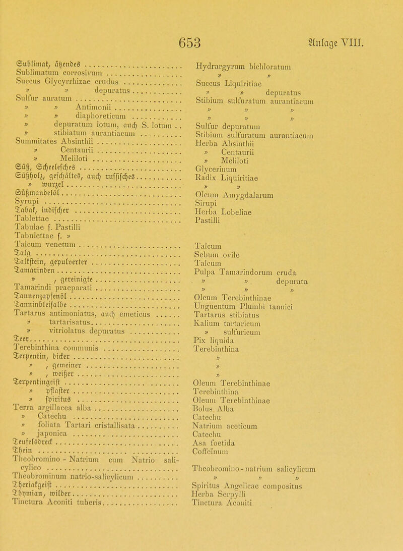 ©utfimat^ ä^cnbcS Subliiuatiim corrosivuin Succiis Glycyrrhizae crudus » » depuratus Siilfur auratuni » » Aiitiirioiiii » » diaplioi'eticum » depuratuin lotuin, aiid) S. lotum . . » stibiatum aurantiacum Summitates Absinthü » Centaui'ii » Meliloti ' Sü§, Sc^eetcfc^cä £ü|^o(3, gcfc()ä(tc3, aiic^ ruffifcfjcS » lüuvjci ®ü§manbelö( Syrupi 2a6nf/ iubifc^er Tablettae Tabulae f. Pastilli Tabulettae f. » Talcum venetuin %alc\ Snlfjlein, gcputuertcr iamaiinbeii » , gereinigte Tamariiidi praeparati Xannenjnpfcnöl 2;anuiiib(eifQ[6c Tartarus antimoniatus, nurf) eiiieticus  tartarisatus » vitriolatus depuratus Seet Terebinthlna coiunmnis Seipentin, birfcr » I gemeiner y> , weiter ierpentingcifl » pftflftcr » fpirituä Terra argillacea alba T> Catcchu » foliata Tartari cristallisata » japonica Seufcfäbrecf .. . S[)cin Theobromino - Natrium cum Natrio sali- cyüco Theobroiniiium natrio-salicyiicuiii ?;^erinfgcip; 2;[)i)mion, »ilbcr Tinctura Acouiti tuberis Hydrai'gyrum bichloratuni » » Saccus Liquirltiae » » depuratus Stibium sulfuratum aurantiacum » » » » » » Sulfur depuratum Stibium sulfuratum aurantiacum Herba Absintliii » Centaurii » Meliloti Glycerinum Radix Liquiritiae » » Oleum Amygdalarum Sirupi Herba Lobeliae Pastilli Talcum Sebiim ovile Talcum Pulpa Tamarindorum cruda » » depurata » » « Oleum Terebiiithiuae Unguentum Plunibi tannici Taitarus stibiatus Kalium tai-taricum » sulfuricum Pix liquida Terebinthlna » » » Oleum Terebinthiuae Terebinthlna Oleum Terebinthinae Bolus Alba Catechu Natrium aceticum Catechu Asa Ibetida CoUeüium Theobromino - natrium salicylicuni » » » Spiritus Angplicae compositus Herba Serpylli Tinctura Acouiti