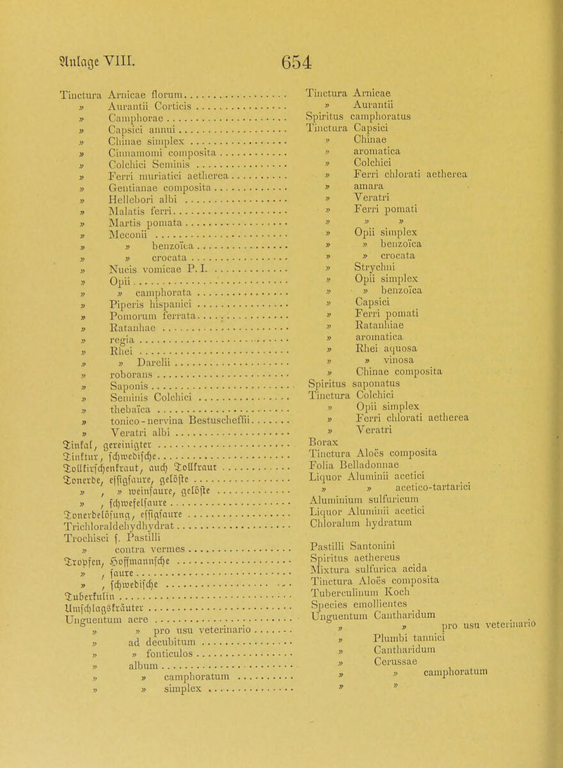 Tinctura Aniicae florum Tiuctura Arnicae » Auraiitii Corticis » Aurantü » Caiiipliorae Spiritus cainplioratus » Capsici aiuuii Tiiictui-a Capsici » Chiiiae simplex '> Chiiiae_ » Ciiuiamomi coinposita » aroiiiatica » Colchici Seniiuis » Colchici » Feri'i iiiuriatici aetlierea » Ferri clilorati aetherea » Geutianae coinposita » amara » Hellcbori albi » Veratri » Malatis ferri » Ferri pomati » Martis poniata »  » » Meconii » Opü simplex » » benzoica » » benzoiea „ » crocata  » crocuta >, Nucis vomicae P. I » Stryciuii j, Opii  Opii simplex » » cainphorata » » benzolica » Pipcris his])anici » Capsici » Pomorum ferrata » Ferri pomati » Eatanhae '. » Rataiihiae rcia » aromatica » Rhei  Rliei aquosa » » Darclii » » viiiosa » roboraiis  Chinae composita » Saponis Spiritus saponatus » Seminis Colchici Tinctura Colchici » thebaica » Opü simplex 9 tonico-nervina Bestuscheffii » Fern chlorati aetlierea » Veratri albi » Veratri hintat, gereinigtcv Borax ainftuv, fd)n'ebifd)c Tinctura Aloes composita 5:DtIEii:fc[)enfi\nit, aud) 2;o[Ifraut Folia Belladonnae _ _ Joncrbc, cfpafouvc, flelöflc Liquor Alunnnu acetici „ , » mcinfaui-e, gclöfle « » acetico-tartarici » , fd)raefclf(iie Aluminium sulfuncum XDtievbclöfung, clTiqfnuvc Liquor Aluniinii acetici Trichloraldehydhydrat Chloralum hydratum Trochisci f. Pastilli . . » contra Vennes Pastilli bantomni SxDüfcix, vSoffmamifd)e Spiritus aethereus „ i'axixt Mixtura sulfurica acida » ' fd)roebi'fd)c . . Tinctura Aloes composita 5;uDcitu(in Tuberculinum Koch Umfd)laggft'äutcV '. Speeles emollientes _ TT, ' „p,,f,,,,, acre Uiigueiituin Canthandum . Unguentum acre » uro usu veteihiano „ » pi-o usu vetennano »  piu usu ad decubitum » F'in'bi taimici » fonticulos » Canthandum album » Cerussae „ camphoratum  » camphoratum » » simplex  