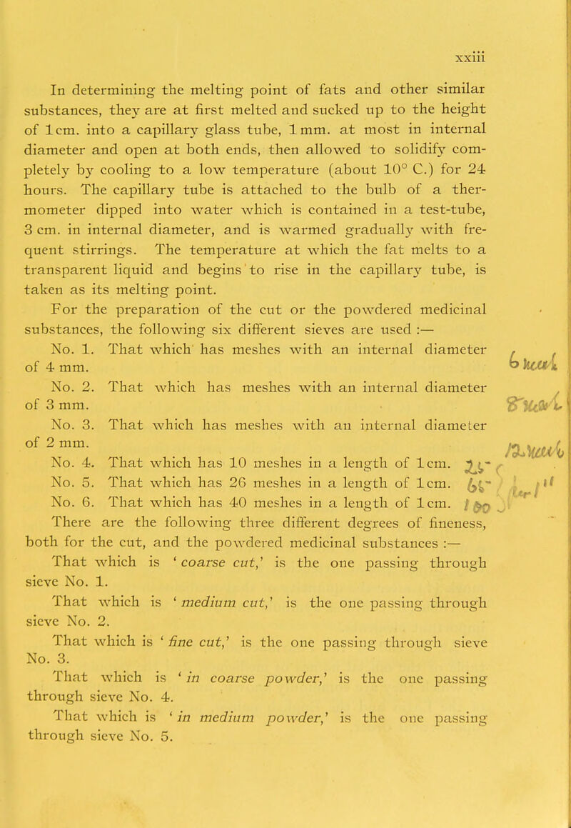 In determining the melting point of fats and other similar substances, they are at first melted and sucked up to the height of 1cm. into a capillary glass tube, 1mm. at most in internal diameter and open at both ends, then allowed to solidify com- pletely by cooling to a low temperature (about 10° C.) for 24 hours. The capillary tube is attached to the bulb of a ther- mometer dipped into water which is contained in a test-tube, 3 cm. in internal diameter, and is warmed gradually with fre- quent stirrings. The temperature at which the fat melts to a transparent liquid and begins to rise in the capillary tube, is taken as its melting point. For the preparation of the cut or the powdered medicinal substances, the following six different sieves are used :— No. 1. That which has meshes with an internal diameter of 4 mm. No. 2. That which has meshes with an internal diameter of 3 mm. r : '.• I t No. 3. That which has meshes with an internal diameter of2mm- . Mm* No. 4. That which has 10 meshes in a length of 1cm. ( No. 5. That which has 26 meshes in a length of 1cm. No. 6. That which has 40 meshes in a length of 1cm. } There are the following three different degrees of fineness, both for the cut, and the powdered medicinal substances :— That which is 'coarse cut,' is the one passing through sieve No. 1. That which is 1 medium cut,' is the one passing through sieve No. 2. That which is ' fine cut,' is the one passing through sieve No. 3. That which is ' in coarse powder,1 is the one passing through sieve No. 4. That which is ' in medium powder,' is the one passing through sieve No. 5.