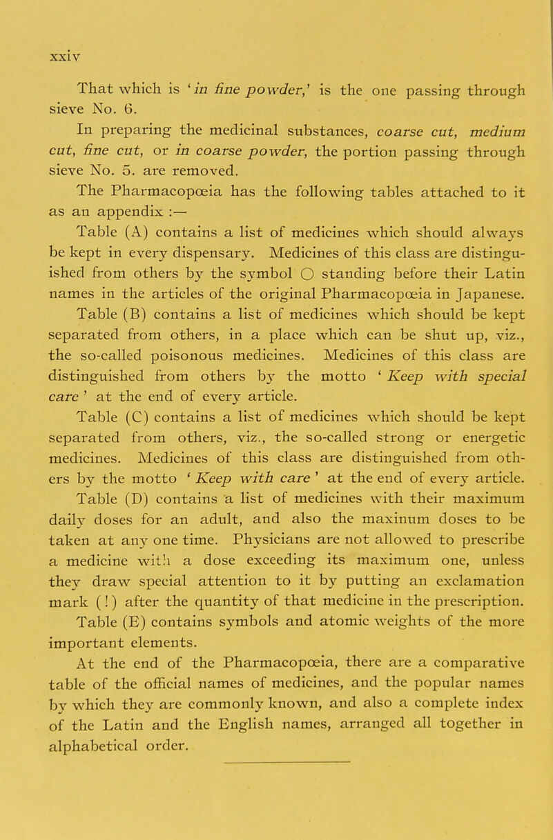 That which is 'in £ne powder,' is the one passing through sieve No. 6. In preparing the medicinal substances, coarse cut, medium cut, £ne cut, or in coarse powder, the portion passing through sieve No. 5. are removed. The Pharmacopoeia has the following tables attached to it as an appendix :— Table (A) contains a list of medicines which should always be kept in every dispensary. Medicines of this class are distingu- ished from others by the symbol O standing before their Latin names in the articles of the original Pharmacopoeia in Japanese. Table (B) contains a list of medicines which should be kept separated from others, in a place which can be shut up, viz., the so-called poisonous medicines. Medicines of this class are distinguished from others by the motto ' Keep with special care ' at the end of every article. Table (C) contains a list of medicines which should be kept separated from others, viz., the so-called strong or energetic medicines. Medicines of this class are distinguished from oth- ers by the motto ' Keep with care ' at the end of every article. Table (D) contains a list of medicines with their maximum daily doses for an adult, and also the maxinum doses to be taken at any one time. Physicians are not allowed to prescribe a medicine with a dose exceeding its maximum one, unless they draw special attention to it by putting an exclamation mark (!) after the quantity of that medicine in the prescription. Table (E) contains symbols and atomic weights of the more important elements. At the end of the Pharmacopoeia, there are a comparative table of the official names of medicines, and the popular names by which they are commonly known, and also a complete index of the Latin and the English names, arranged all together in alphabetical order.