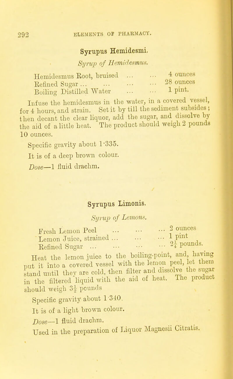 Syrupus Hemidesmi. Syrup of Hemidesmus. Hemidesmus Root, bruised 4 ounces Refined Sugar 28 ounces Boiling Distilled Water 1 VmL Infuse the hemidesmus in the water, in a covered vessel, for 4 hours, and strain. Set it hy till the sediment subsides ; then decant the clear liquor, add the sugar, and dissolve by the aid of a little heat. The product should weigh 2 pounds 10 ounces. Specific gravity about 1-335. It is of a deep brown colour. Dose—1 fluid drachm. Syrupus Limonis. Syrup of Lemon*. Fresh Lemon Peel 3 ounces Lemon Juice, strained ... ... ••• 1 Pint Refined Sugar ... 2£ pounds. Heat the lemon juice to the boiling-point, and having put it into a covered vessel with the lemon peel, let them stand until they are cold, then filter and dissolve> the sugar in the filtered liquid with the aid of heat. The product should weigh H pounds Specific gravity about 1340. It is of a light brown colour. j)ose—1 fluid drachm. Used in the preparation of Liquor Magnesii Citratis.