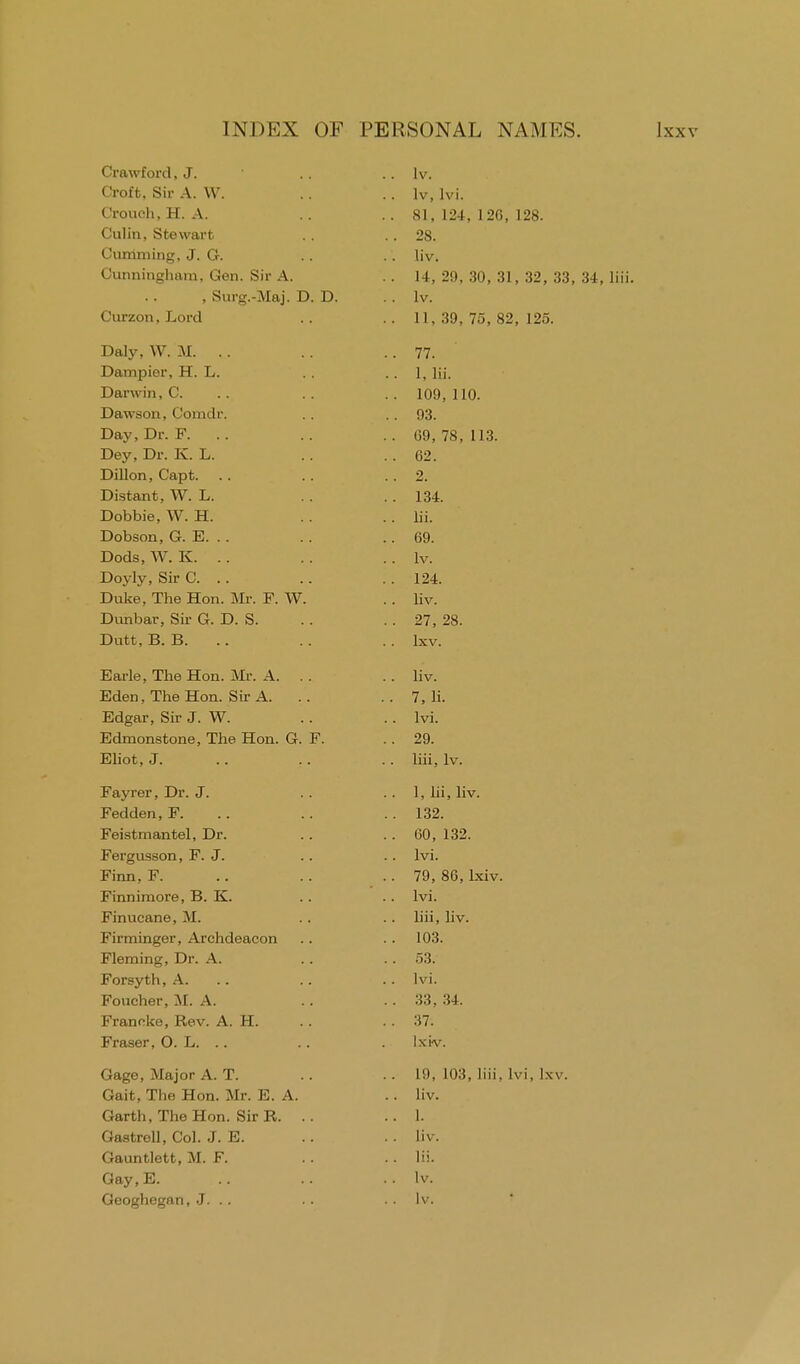 Crawford, J. Croft, Sir A. W. Crouch, H. A. Culin, Stewart Gumming, J. G. Cunningham, Gen. Sir A. , Surg.-Maj. D. D. Curzon, Lord Daly, W. M. .. Dampier, H. L. Darwin, C. Dawson, Comdr. Day, Dr. F. Dey, Dr. K. L. Dillon, Capt. Distant, W. L. Dobbie, W. H. Dobson, G. E. . . Dods, W. K. .. Doyly, Sir C. .. Duke, The Hon. Mr. F. V Dunbar, Sir G. D. S. Dutt, B. B. Earle, The Hon. Mr. A. Eden, The Hon. Sir A. Edgar, Sir J. W. Edmonstone, The Hon. G. F. Eliot, J. Fayrer, Dr. J. Fedden, F. Feistmantel, Dr. Fergusson, F. J. Finn, F. Finnimore, B. K. Finucane, M. Firminger, Archdeacon Fleming, Dr. A. Forsyth, A. Foucher, M. A. Francke, Rev. A. H. Fraser, O. L. Gage, Major A. T. Gait, The Hon. Mr. E. A Garth, The Hon. Sir R. Gastrell, Col. J. E. Gauntlett, M. F. Gay.E. Geoghegan, J. lv. lv, lvi. 81, 124, 12G, 128. 28. liv. 14, 29, 30, 31, 32, 33, 34, lv. 11, 39, 75, 82, 125. 77. 1, lii. 109, 110. 93. 69, 78, 113. 62. 2. 134. lii. 69. lv. 124. liv. 27, 28. lxv. liv. 7, li. lvi. 29. liii, lv. 1, lii, liv. 132. 60, 132. lvi. 79, 86, lxiv. lvi. liii, liv. 103. 53. lvi. 33, 34. 37. lxiv. 19, 103, liii, lvi, lxv. liv. 1. liv. lii. lv. lv.
