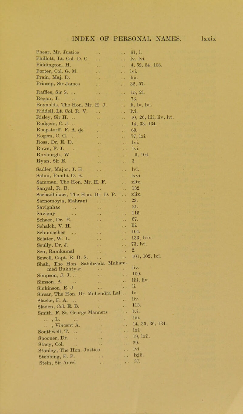 I. i i' .1 i . 11X1 ■ u llollLU 61 1. L 11111UH', XJl/t V^Ul* XJ. \J. . . . . Iv, lvi. Jriu.(.llljgtOn y -EL. 4, iiZy O*, lUo. lvi. Prnin TVTni T> L 1 till 1, .'ltll. 1 '. , , . , liii 1111. PTMTlQfvr* Sit* Tomoa i iiiioop, k?H • I.I I IP , , , , 6u, tl 1. Raffles, Sir S. .. 15, 21. Regan, T. 73. Reynolds, The Hon. Mr. H. J. li, lv, lvi. Riddell, Lt. Col. R. V. lvi. Risley, Sir H. . . 10, 20, liii, liv, lvi. Rodgers, C. J. .. 1 A 99 1 9 i 14, 66, la4. ±\oepstorn, j?. a. cie pnfTflPQ p n nogei s, v_y. v_r. 77, Ixi. 1V1. JaiOWd, JT . d . 1V1. P,nvVinro*l) AJV IVUAUlUgllj * ' • . . . , 9, 104. R,vnn Sir 9, o. Sadler, Major, J. H. lvi. Sahni, Pandit D. R. lxvi. Samman, The Hon. Mr. H. F. xlix. Sanyal, R. B. 132. Sarbadhikari, The Hon. Dr. D. P. xlix. Sarnomoyia, Mahrani 23. Savignhac 21. Savigny 115. Schaer, Dr. E. 67. Sehalch, V. H. lii. Schumacher 104. Sclater, W. L. 133, lxiv. Scully, Dr. J. 73, lvi. Sen, Ramkamal 2. Sewell, Capt. R. B. S. 101, 102, lxi. Shah, The Hon. Sahibzada Muham- med Bukhtyar liv. Simpson, J. J. . . 100. Simson, A. liii, liv. Sinkinson, E. J. li. Sircar, The Hon. Dr. Mohendra Lai .. lv. Slacke, F. A. .. liv. Sladen, Col. E. B. 113. Smith, F. St. George Manners lvi. .. ,L. liii. .. , Vincent A. 14, 35, 36, 131. Southwell, T. .. lxi. Spooner, Dr. 19, lxii. Stacy, Col. 29. Stanley, The Hon. Justice lvi. Stebbing, E. P. lxjii. Stein, Sir Aurel 37.