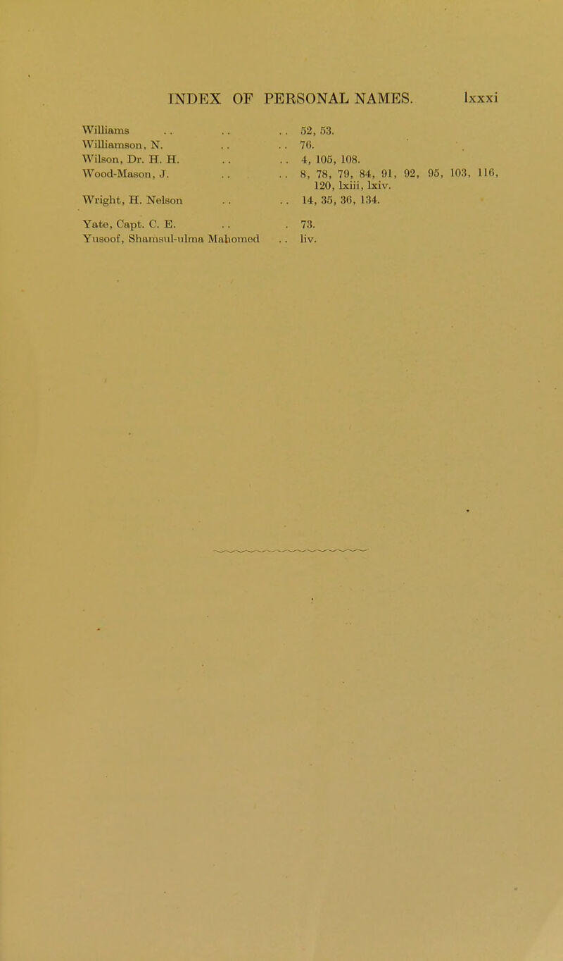 Williams Williamson, N. Wilson, Dr. H. H. Wood-Mason, J. Wright, H. Nelson 52, 53. 76. 4, 105, 108. 8, 78, 79, 84, 91, 92, 95, L03, 116, 120, lxiii, lxiv. 14, 35, 36, 134. Yate, Capt. C. E. 73.
