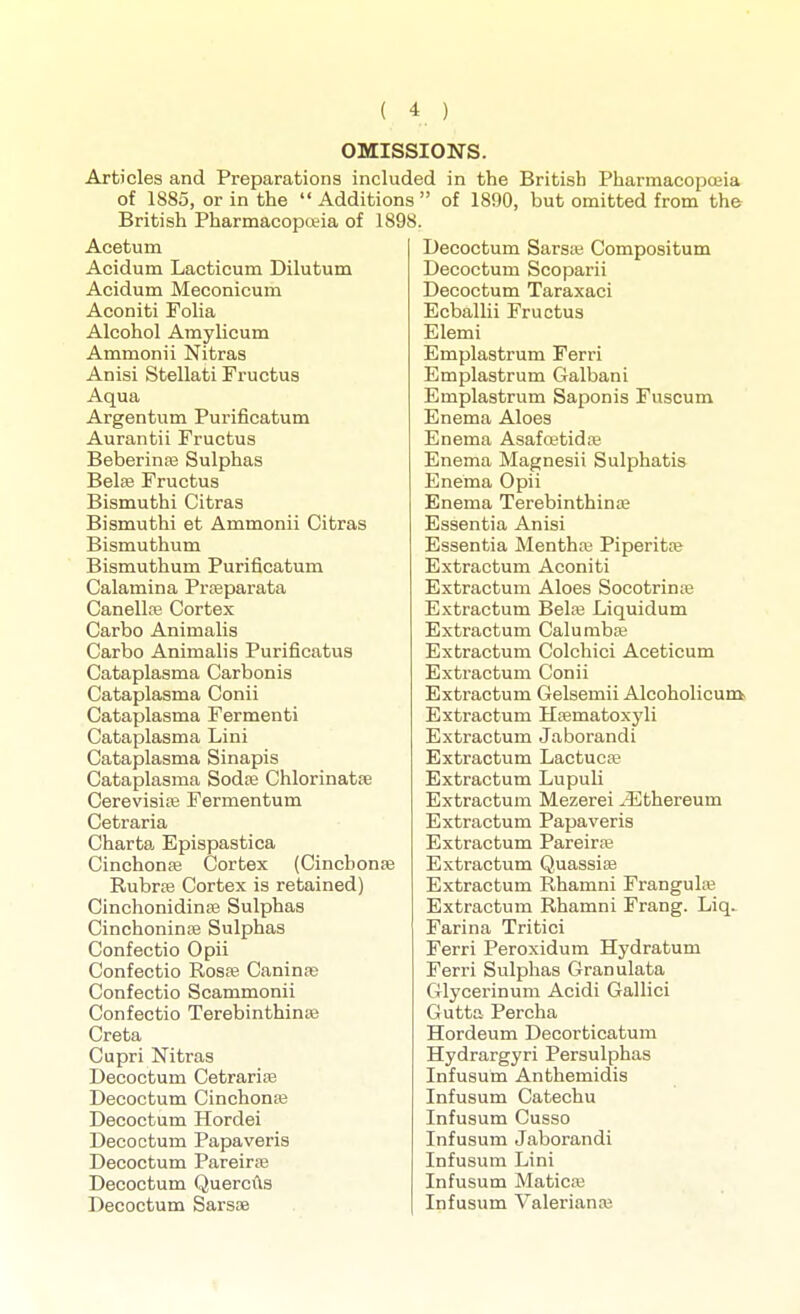 OMISSIONS. Articles and Preparations included in the British Pharmacopojia of 1885, or in the Additions of 1890, but omitted from the British Pharmacopreia of 1898. Acetum Acidum Lacticum Dilutum Acidum Meconicum Aconiti Folia Alcohol Amylicum Ammonii Nitras Anisi Stellati Fructus Aqua Argentum Purificatum Aurantii Fructus Beberinas Sulphas Belse Fructus Bismuthi Citras Bismuthi et Ammonii Citras Bismuthum Bismuthum Purificatum Calamina Prseparata Canella5 Cortex Carbo Animalis Carbo Animalis Purificatus Cataplasma Carbonis Cataplasma Conii Cataplasma Fermenti Cataplasma Lini Cataplasma Sinapis Cataplasma Sodoe Chlorinatpe Cerevisiaj Fermentum Cetraria Charta Epispastica Cinchonffi Cortex (Cincbonse Rubra Cortex is retained) Cinchonidinffi Sulphas Cinchoninte Sulphas Confectio Opii Confectio Roste Caninse Confectio Scammonii Confectio Terebinthinaa Creta Cupri Nitras Decoctum Cetrarite Decoctum Cinchonse Decoctum Hordei Decoctum Papaveris Decoctum Pareirfe Decoctum QuercAs Decoctum Sarsoe Decoctum Sarsiu Compositum Decoctum Scoparii Decoctum Taraxaci Ecballii Fructus Elemi Emplastrum Ferri Emplastrum Galbani Emplastrum Saponis Fuscum Enema Aloes Enema Asafcetidre Enema Magnesii Sulphatis Enema Opii Enema Terebinthinaj Essentia Anisi Essentia Mentha; Piperitse Extractum Aconiti Extractum Aloes Socotrins3 Extractum Belaa Liquidum Extractum Caluraba; Extractum Colchici Aceticum Extractum Conii Extractum Gelsemii Alcoholicuni Extractum Hfematoxyli Extractum Jaborandi Extractum Lactuca3 Extractum Lupuli Extractum Mezerei ^^ithereum Extractum Papaveris Extractum Pareirse Extractum Quassise Extractum Rhamni FranguliK Extractum Rhamni Frang. Liq. Farina Tritici Ferri Peroxidum Hydratum Ferri Sulphas Granulata Glycerinum Acidi Gallic! Gutta Percha Hordeum Decorticatum Hydrargyri Persulphas Infusum Anthemidis Infusum Catechu Infusum Cusso Infusum Jaborandi Infusum Lini Infusum Maticee Infusum Valeriana;
