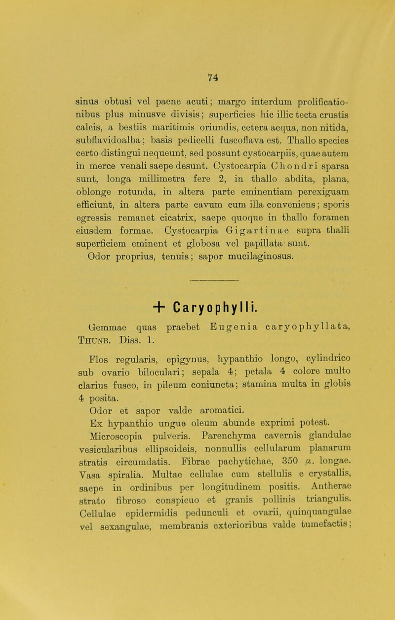 sinua obtusi vel paene acuti; margo interdum prolificatio- nibus plus minusve divisis; superficies hic illic tecta crustis calcis, a bestiis maritimis oriundis, cetera aequa, non nitida, subflavidoalba; basis pedicelli fuscoflava est. Thallo species certo distingui nequeunt, sed possunt cystocarpiis, quae autem in merce venali saepe desunt. Cystocarpia C h o n d r i sparsa sunt, longa millimetra fere 2, in thallo abdita, plana, oblonge rotunda, in altera parte eminentiam perexiguam efficiunt, in altera parte cavum cum illa conveniens; spoi^is egressis remanet cicatrix, saepe quoque in thallo foramen eiusdem formae. Cystocarpia Gigartinae supra thalli superficiem eminent et globosa vel papillata- sunt. Odor proprius, tenuis; sapor mucilaginosus. + Caryophylli. Gemmae quas praebet Eugenia caryophyllata, Thunb. Diss. 1. Flos regularis, epigynus, hypanthio longo, cylindrico sub ovario biloculari; sepala 4; petala 4 colore multo clarius fusco, in pileum coniuncta; stamina multa in globis 4 posita. Odor et sapor valde aromatici. Ex hypanthio ungue oleum abunde exprimi potest. Microscopia pulveris. Parenchyma cavernis glandulae vesicularibus ellipsoideis, nonnuUis celhilarum planarum stratis circumdatis. Fibrae pachytichae, 350 longae. Vasa spiralia. Multae cellulae cum steUuHs e crystallis, saepe in ordinibus per longitudinem positis. Antherae strato fibroso conspicuo et granis pollinis triangulis. Cellulae epidermidis pedunculi et ovarii, quinquangulae vel sexangulae, merabranis exterioribus valde tumefactis;