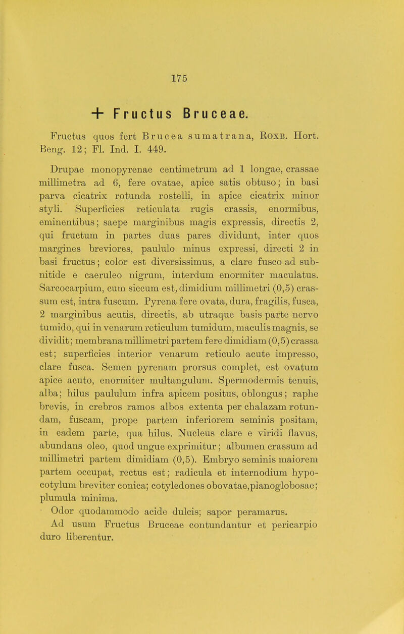 + Fructus Bruceae. Fructus quos fert Brucea sumatrana, Roxb. Hort. Beng. 12; Fl. Ind. I. 449. Drupae monopyrenae centimetrum ad 1 longae, crassae millimetra ad 6, fere ovatae, apice satis obtuso; in basi parva cicatrix rotunda rostelli, in apice cicatinx minor styli. Superficies reticulata rugis crassis, enormibus, eminentibus; saepe marginibus magis expressis, directis 2, qui fi-uctum in partes duas pares dividunt, inter quos margines breviores, paululo minus expressi, directi 2 in basi fructus; color est diversissimus, a clare fusco ad sub- nitide e caeruleo nigrum, interdum enormiter maculatus. Sarcocarpium, cum siccum est^dimidium millimetri (0,5) cras- sum est, intra fuscum. Pyrena fere ovata, dura, fragilis, fusca, 2 marginibus acutis, directis, ab utraque basis parte nervo tumido, qui in venarum reticulum tumidum, maculis magnis, se dividit; membrana millimetri partem fere dimidiam (0,5) crassa est; superficies interior venarum reticulo acute impresso, clare fusca. Semen pyrenam prorsus complet, est ovatum apice acuto, enormiter multangulum. Spermodermis tenuis, alba; hilus paululum infra apicem positus, oblongus; raphe brevis, in crebros ramos albos extenta per chalazam rotun- dam, fuscam, prope partem inferiorem seminis positam, in eadem parte, qua hilus. Nucleus clare e viridi flavus, abundans oleo, quod ungue exprimitur; albumen crassum ad millimetri partem dimidiam (0,5). Embryo seminis maiorem partem occupat, rectus est; radicula et internodium hypo- cotylum breviter conica; cotyledonesobovatae,pianoglobosae; plumula minima. Odor quodammodo acide dulcis; sapor peramarus. Ad usura Fructus Bruceae contundantur et pericarpio duro liberentur.
