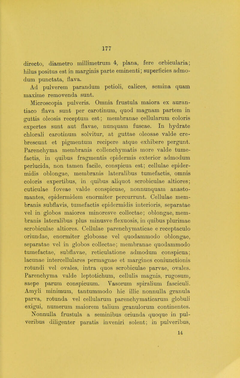 directo, diametro millimetrum 4, plana, fere orbicularia; hilus positus est in marginis parte eminenti; superficies admo- dum punctata, flava. Ad pulverem parandum petioli, calices, semina quam maxime removenda sunt. Microscopia pulveris. Omnia frustula maiora ex auran- tiaco flava sunt per carotinum, quod magnam partem in guttis oleosis receptum est; membranae cellularum coloris expertes sunt aut flavae, nunquam fuscae. In hydrate chloraU carotinum solvitur, at guttae oleosae valde cre- brescunt et pigmentum recipere atque exhibere pergunt. Parenchyma membranis collenchymatis more valde tume- factis, in quibus fragmentis epidermis exterior admodum perlucida, non tamen facile, conspicua est; cellulae epider- midis oblongae, membranis lateralibus tumefactis, omnis coloris expertibus, in quibus aliquot scrobiculae altiores; cuticulae foveae valde conspicuae, nonnunquam anasto- mantes, epidermidem enormiter percurrunt. Cellulae mem- branis subflavis, tumefactis epidermidis interioris, separatae vel in globos maiores minoresve collectae; oblongae, mem- branis lateralibus plus minusve flexuosis, in quibus plurimae scrobiculae altiores. Cellulae parenchymaticae e receptaculo oriundae, enormiter globosae vel quodammodo oblongae, separatae vel in globos collectae; membranae quodammodo tumefactae, subflavae, reticulatione admodum conspicua; lacunae intercellulares permagnae et margines coniunctionis rotundi vel ovales, intra quos scrobiculae parvae, ovales. Parenchyma valde leptotichum, cellulis magnis, rugosum^ saepe parura conspicuum. Vasorum spirahum fascicuh. Amyli minimum, tantummodo hic ilhc nonnulla granula parva, rotunda vel cellularum parenchj^-maticarum globuh exigui, numeinim maiorem tahum granulorum continentes. NonnuUa frustula a seminibus oriunda quoque in pul- veribus dihgenter pai-atis inveniri solent; in pulveribus, 14