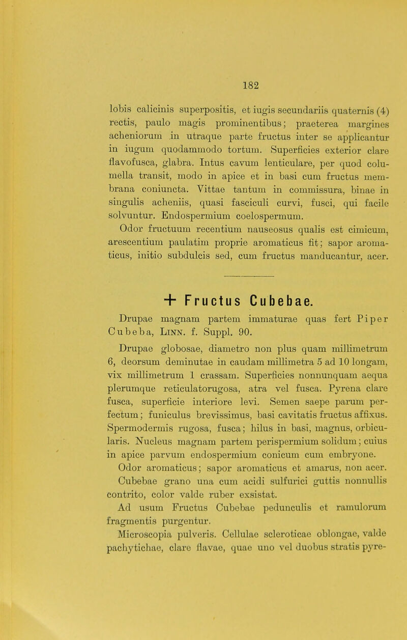 lobis calicinis superpositis, et iugis secundariis quatemis (4) rectis, paulo magis prominentibus; praeterea margines acheniorum in utraque parte fructus inter se applicantur in iugum quodammodo tortum. Superficies exterior clare flavofusca, glabra. Intus cavum lenticulare, per quod colu- mella transit, modo in apice et in basi cum fructus mem- brana coniuncta. Vittae tantum in commissura, binae in singulis acheniis, quasi fasciculi curvi, fusci, qui facile solvuntur. Endospermium coelospermum. Odor fructuum recentium nauseosus qualis est cimicum, arescentium paulatim proprie aromaticus fit; sapor aroma- ticus, initio subdulcis sed, cum fructus manducantur, acer. + Fructus Cubebae. Drupae magnam partem immaturae quas fert Piper Cubeba, LiNN. f. Suppl. 90, Drupae globosae, diametro non plus quam millimetrum 6, deorsum deminutae in caudam millimetra 5 ad 10 longam, vix millimetrum 1 crassam. Superficies nonnunquam aequa plerumque reticulatorugosa, atra vel fusca. Pyrena clare fusca, superficie interiore levi. Semen saepe parum per- fectum; funiculus brevissimus, basi cavitatis fructus affixus. Spermodermis rugosa, fusca; hilus in basi, magnus, orbicu- laris. Nucleus magnam partem perispermium soHdum; cuius in apice parvum endospermium conicum cum embryoue. Odor aromaticus; sapor aromaticus ot amarus, non acer. Cubebae grano una cum acidi sulfurici guttis nonnullis contrito, color valde ruber exsistat. Ad usum Fi-uctus Cubebae pedunculis et ramulorum fragmentis purgentur. Microscopia pulveris. Cellulae scleroticao oblongao, valde pachytichae, clare flavae, quae uno vel duobus stratis pyre-