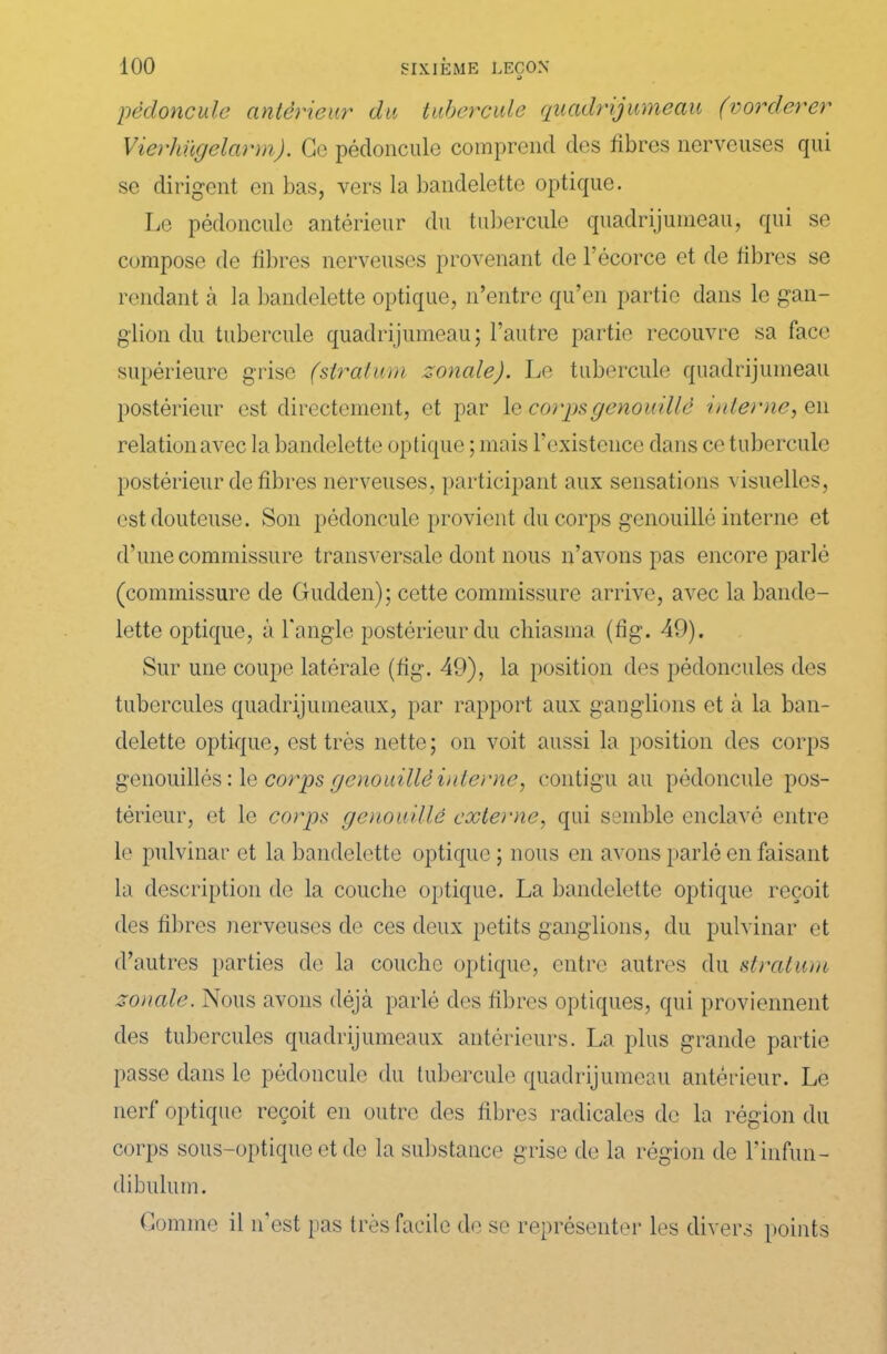 pédoncule antérieur du tubercule quadrijumeau (vorderer Vierhügelarm). Gc pédoncule comprend des libres nerveuses qui se dirigent en bas, vers la bandelette optique. Le pédoncule antérieur du tubercule quadrijumeau, qui se compose de fibres nerveuses provenant de l’écorce et de fibres se rendant à la bandelette optique, n’entre qu’en partie dans le gan- glion du tubercule quadrijumeau; l’autre partie recouvre sa face supérieure grise (stratum zonale). Le tubercule quadrijumeau postérieur est directement, et par le corpsgenouillé interne, en relation avec la bandelette optique ; mais l’existence dans ce tubercule postérieur de fibres nerveuses, participant aux sensations visuelles, est douteuse. Son pédoncule provient du corps genouillé interne et d’une commissure transversale dont nous n’avons pas encore parlé (commissure de Gudden); cette commissure arrive, avec la bande- lette optique, à l'angle postérieur du chiasma (fig. 49). Sur une coupe latérale (fig. 49), la position des pédoncules des tubercules quadrijumeaux, par rapport aux ganglions et à la ban- delette optique, est très nette; on voit aussi la position des corps genouillés : le corps genouillé interne, contigu au pédoncule pos- térieur, et le corps genouillé externe, qui semble enclavé entre le pulvinar et la bandelette optique ; nous en avons parlé en faisant la description de la couche optique. La bandelette optique reçoit des fibres nerveuses de ces deux petits ganglions, du pulvinar et d’autres parties de la couche optique, entre autres du stratum zonale. Nous avons déjà parlé des fibres optiques, qui proviennent des tubercules quadrijumeaux antérieurs. La plus grande partie passe dans le pédoncule du tubercule quadrijumeau antérieur. Le nerf optique reçoit en outre des fibres radicales de la région du corps sous-optique et de la substance grise de la région de l’infun- dibulum. Comme il n'est pas très facile de se représenter les divers points