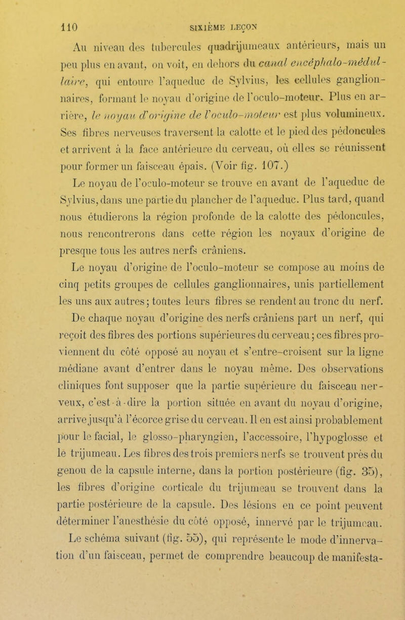 Au niveau des tubercules quadrijumeaux antérieurs, mais un peu plus en avant, on voit, en dehors du canal encêphalo-médul- lairc, qui entoure l'aqueduc de Sylvius, les cellules ganglion- naires, formant le noyau d’origine de l’oculo-moteur. Plus en ar- rière, le noyau d'origine de Voculo-moleur est plus volumineux. Ses fibres nerveuses traversent la calotte et le pied des pédoncules et arrivent à la face antérieure du cerveau, où elles se réunissent pour former un faisceau épais. (Voir fig. 107.) Le noyau de l’oculo-moteur se trouve en avant de l’aqueduc de Sylvius, dans une partie du plancher de l'aqueduc. Plus tard, quand nous étudierons la région profonde de la calotte des pédoncules, nous rencontrerons dans cette région les noyaux d'origine de presque tous les autres nerfs crâniens. Le noyau d’origine de l’oculo-moteur se compose au moins de cinq petits groupes de cellules ganglionnaires, unis partiellement les uns aux autres; toutes leurs fibres se rendent au tronc du nerf. De chaque noyau d’origine des nerfs crâniens part un nerf, qui reçoit des fibres des portions supérieures du cerveau ; ces fibres pro- viennent du côté opposé au noyau et s’entre-croisent sur la ligne médiane avant d’entrer dans le noyau même. Des observations cliniques font supposer que la partie supérieure du faisceau ner- veux, c’est-à-dire la portion située en avant du noyau d’origine, arrive jusqu’à l’écorce grise du cerveau. Il en est ainsi probablement pour le facial, le glosso-pharyngien, l’accessoire, l’hypoglosse et le trijumeau. Les fibres des trois premiers nerfs se trouvent près du genou de la capsule interne, dans la portion postérieure (fig. 35), les fibres d’origine corticale du trijumeau se trouvent dans la partie postérieure de la capsule. Des lésions en ce point peuvent déterminer l’anesthésie du côté opposé, innervé par le trijumeau. Le schéma suivant (fig. 55), qui représente le mode d’innerva- tion d’un faisceau, permet de comprendre beaucoup de manifesta-