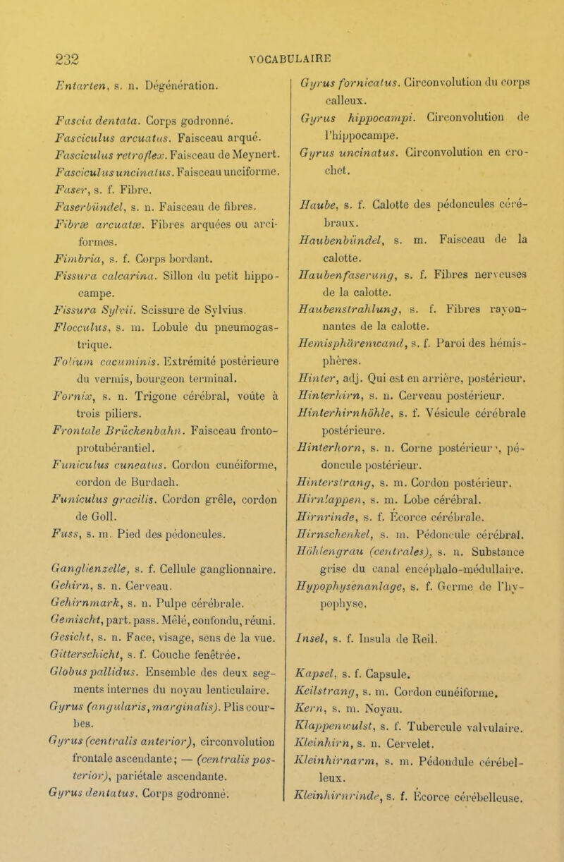 Entarten, s. n. Dégénération. Fascia dentata. Corps godronné. Fasciculus arcuatus. Faisceau arqué. Fasciculus retroflex. Faisceau deMeynert. Fasciculus uncinatus. Faisceau unciforme. Fuser, s. f. Fibre. Faserbündel, s. n. Faisceau de fibres. Fibres arcuatæ. Fibres arquées ou arci- formes. Fimbria, s. f. Corps bordant. Fissura calcarina. Sillon du petit hippo- campe. Fissura Sglvii. Scissure de Svlvius. Flocculus, s. m. Lobule du pneumogas- trique. Folium cacuminis. Extrémité postérieure du venais, bourgeon terminal. Fornix, s. n. Trigone cérébral, voûte à trois piliers. Frontale Brückenbahn. Faisceau fronto- protubérantiel. Funiculus cuneatus. Gordon cunéiforme, cordon de Burdach. Funiculus gracilis. Gordon grêle, coi’don de Goll. Fuss, s. m. Pied des pédoncules. Ganglienzelle, s. f. Cellule ganglionnaire. Gehirn, s. n. Cerveau. Gehirnmark, s. n. Pulpe cérébrale. Gemischt, part. pass. Mêlé, confondu, réuni. Gesicltt, s. n. Face, visage, sens de la vue. Gitterschicht, s. f. Couche fenêtrée. Globus pallidus. Ensemble des deux seg- ments internes du noyau lenticulaire. Ggrus (angularis, marginalis). Plis cour- bes. Ggrus (centralis anterior), circonvolution frontale ascendante; — (centralispos- ter ior), pariétale ascendante. Ggrus dentatus. Corps godronné. Ggrus fornicalus. Circonvolution du corps calleux. Ggrus hippocampi. Circonvolution de l’hippocampe. Ggrus uncinatus. Circonvolution en cro- chet. Haube, s. f. Calotte des pédoncules céré- braux. Haubenbündel, s. m. Faisceau de la calotte. Haubenfaserung, s. f. Fibres nerveuses de la calotte. Haubenstrahlung, s. f. Fibres rayon- nantes de la calotte. Hemispharenwand, s. f. Paroi des hémis- phères. Hinter, adj. Qui est en arrière, postérieur. Hinterhirn, s. n. Cerveau postérieur. Hinterhirnhôhle, s. f. Vésicule cérébrale postérieure. Hinterhorn, s. n. Corne postérieur', pé- doncule postérieur. Hinter s Irang, s. m. Cordon postérieur. Hirnlappen, s. m. Lobe cérébral. Hirnrinde, s. f. Ecorce cérébrale. Hirnschenkel, s. m. Pédoncule cérébral. Hôhlengrau (centrales), s. n. Substance grise du canal encéphalo-médullaire. Hgpopligsenanlagc, s. f. Germe de l’hy- pophyse. Insel, s. f. Insula de Reil. Kapsel, s. f. Capsule. Keilstrang, s. m. Cordon cunéiforme. Kern, s. m. Noyau. Klappenwulst, s. f. Tubercule valvulaire. Kleinhirn, s. n. Cervelet. Kleinhirnarm, s. m. Pédondule cérébel- leux. Kleinhirnrinde, s. f. Ecorce cérébelleuse.