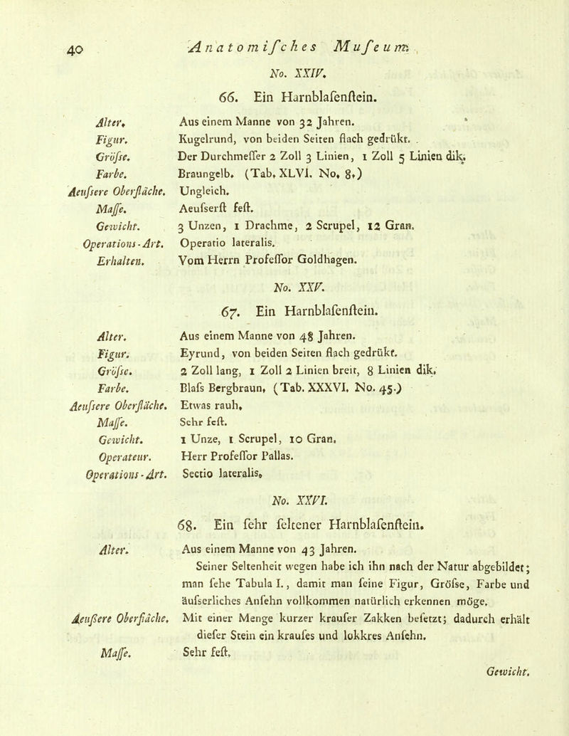 No. XXIy» 66. Ein Harnblafenftein. Alter, Aus einem Manne von a z Jahren. * Figur, Kugelrund, von beiden Seiten flach gedrttkt. . Crvfse, Der Durchmeffer 2 Zoll 3 Linien, 1 Zoll 5 Linien dik. Farbe, Brsungelb» (Tab» XLVl. No, 8») Aeufsere Oberßäche, Ungleich, Map. JJ Aeufserft fefl. Ceiviclit. 3 Unzen, i Drachme, 2 Scrupel, 12 Gran. Operations - Art. Operario lateralis. Erbalteu, Y Uni £xwrXti XXUiWiJUX vJUlUllagcll. No. ÄXy. 67. Ein Harnblafenftein. Alter, Aus einem Manne von 48 Jahren. Fimr. Eyrund, von beiden Seiten flach gedrükf. (jröfse. 2 Zoll lang, 1 Zoll 2 Linien breit, 8 Linien dik, Farbe, Blafs Bergbraun, (Tab. XXXVI. No. 45.} Aeufsere Oberfläche. Etwas rauh. Majfe. Sehr fcft. Gewicht. 1 Unze, I Scrupel, 10 Gran. Operateur. Herr Profeffor Pallas. Upet mlQilS ■ Alt' No. XXyL 68. Ein lehr leltener Harnblafenneia. Alter. Aus einem Manne von 43 Jahren. Seiner Seltenheit wegen habe ich ihn nach der Natur abgebildet; man fehe Tabula L, damit man feine Figur, Gröfse, Farbe und äufserliches Anfehn vollkommen natürlich erkennen möge. Äeußere Oberßäche, Mit einer Menge kurzer kraufer Zakken befctztj dadurch erhält diefer Stein ein kraufes und lokkres Anfehn. Mafe, Sehrfeft. Gewicht.