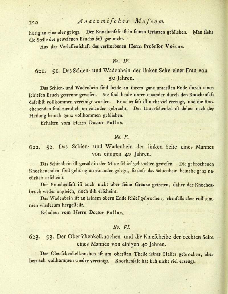 hörig an einander gelegt. Der Knochenfaft ift in feinen Gränzen geblieben. Man fieht die Stelle des gewefenen Bruchs faft gar nicht. Aus der Verlaffenfchaft des verßorbenen Herrn ProfefTor Voitus, No, rr. 621, 51. Das Schien- und Wadenbein der linken Seite einer Frau von 50 Jahren, Das Schien- und Wadenbein find beide an ihrem ganz unterften Ende durch einen fchiefen Bruch getrennt gewefen. Sie find beide unter einander durch den Knochenfaft dafelbft vollkommen vereinigt worden. Knochenfaft ift nicht viel erzeugt, und die Kno- chenenden find ziemlich an einander gebracht. Der Unterfchenkel ift daher nach der Heilung beinah ganz vollkommen geblieben. Erhalten vom Herrn Doctor Pallas. No. V, 622. 52, Das Schien- und Wadenbein der linken Seite eines Mannes von einigen 40 Jahren. Das Schienbein ift gerade in der Mitte fchief gebrochen gewefen. Die gebrochenen Knochenenden find gehörig an einander gelegt, fo dafs das Schienbein beinahe ganz na- türlich erfcheint. Der Knochenfaft ift auch nicht über feine Gräiize getreten, daher der Knoche«« bruch weder ungleich, noch dik erfcheint. Das Wadenbein ift an feinem obern Ende fchief gebrochen; ebenfalls aber vollkom- men wiederum hergeftellt. Erhalten vom Herrn Doctor Pallas». No. rr. ^2%. 53. Der Oberfchenkelknochen und die Kniefcheibe der rechten Seite eines Mannes von einigen 40 Jahren. Der Oberfchenkelknochen ift am oberften Theile feines Halfes gebrochen, aber hernach vollkompien wieder vereinigt. Knochenfaft hat fich nicht viel erzeugt.