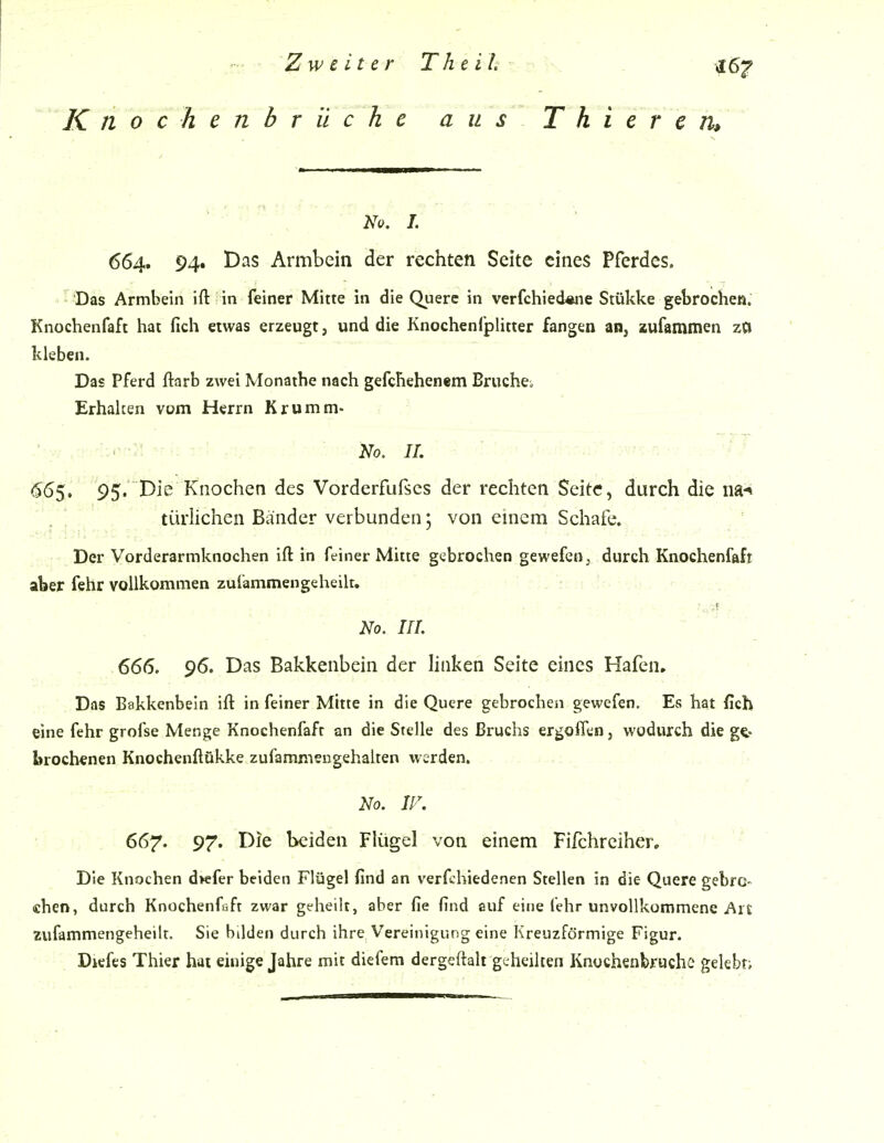 K n o c h e n b r ii c h e aus T h i e r e 664. 94. Das Armbein der rechten Seite eines Pferdes. Das Armbein ift in feiner Mitte in die Quere in verfchiedÄne Stükke gebrochen. Knochenfaft hat fich etwas erzeugt, und die Knochenlplitter fangen an, zufammen zO kleben. Das Pferd ftarb zwei Monathe nach gefchehenem Bruchei Erhalten vum Herrn Krumm- ■r-^' - No. II. ' ^5$. 95. Die Knochen des Vorderfufscs der rechten Seite, durch die na-* türhchen Bander verbunden 5 von einem Schafe. Der Vorderarmknochen ift in feiner Mitte gebrochen gewefen, durch Knochenfaft aber fehr vollkommen zulammengeheilt. No. III. 666. 96. Das Bakkenbein der htiken Seite eines Hafen. Das Bakkenbein ift in feiner Mitte in die Quere gebrochen gewefen. Es hat fich eine fehr grofse Menge Knochenfaft an die Stelle des Bruchs ergofTen, wodurch die g^. brochenen Knochenftükke zufammengehalten werden. No. IF. 667. 97. Die beiden Flügel von einem Fifchreiher, '' Die Knochen dwfer beiden Flügel find an verfchiedenen Stellen in die Quere gebre- chen, durch Knochenfaft zwar geheilt, aber fie find auf eine lehr unvollkommene Art zufammengeheilt. Sie bilden durch ihre Vereinigung eine Kreuzförmige Figur. Diefes Thier hat einige Jahre mit diefem dergeftalt geheilten Knochenbruchc gelebt;