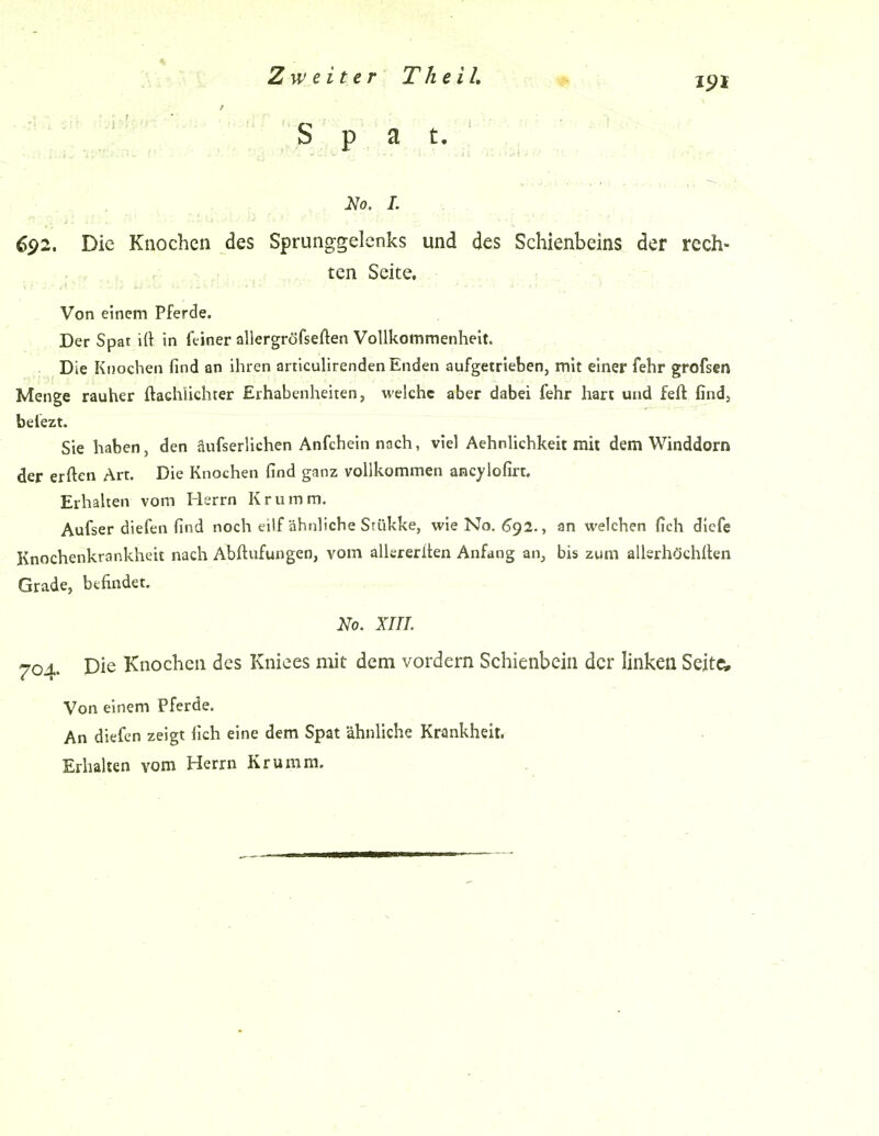 Zweiter TheiL S p a t. 692, Die Knochen des Sprunggelenks und des Schienbeins der rech- . . .f ten Seite, r ir ; • '. \i . J'-ii ... ^;. Von einem Pferde. ; Der Spat ift in feiner allergröfseften Vollkommenheit. ., Die Knochen find an ihren articulirenden Enden aufgetrieben, mit einer fehr grofsen Menge rauher ftachlichter Erhabenheiten, welche aber dabei fehr hart und feft find, befezt. Sie haben, den äufserlichen Anfchein nnch, viel Aehnlichkeit mit dem Winddorn der erften Art. Die Knochen find ganz vollkommen ancylofirt. Erhalten vom Herrn Krumm. Aufser diefen find noch eilf ähnliche Stükke, wieNo. 692., an welchen fich dlcfe Knochenkrankheit nach Abftufungen, vom allereriten Anfang an, bis zum allerhöchllen Grade, befindet. No. xm. ■ . -- 704. Die Knochen des Kniees mit dem vordem Schienbein der linken Sejtcw Von einem Pferde. An diefen zeigt fich eine dem Spat ähnliche Krankheit. Erhalten vom Herrn Krumm.